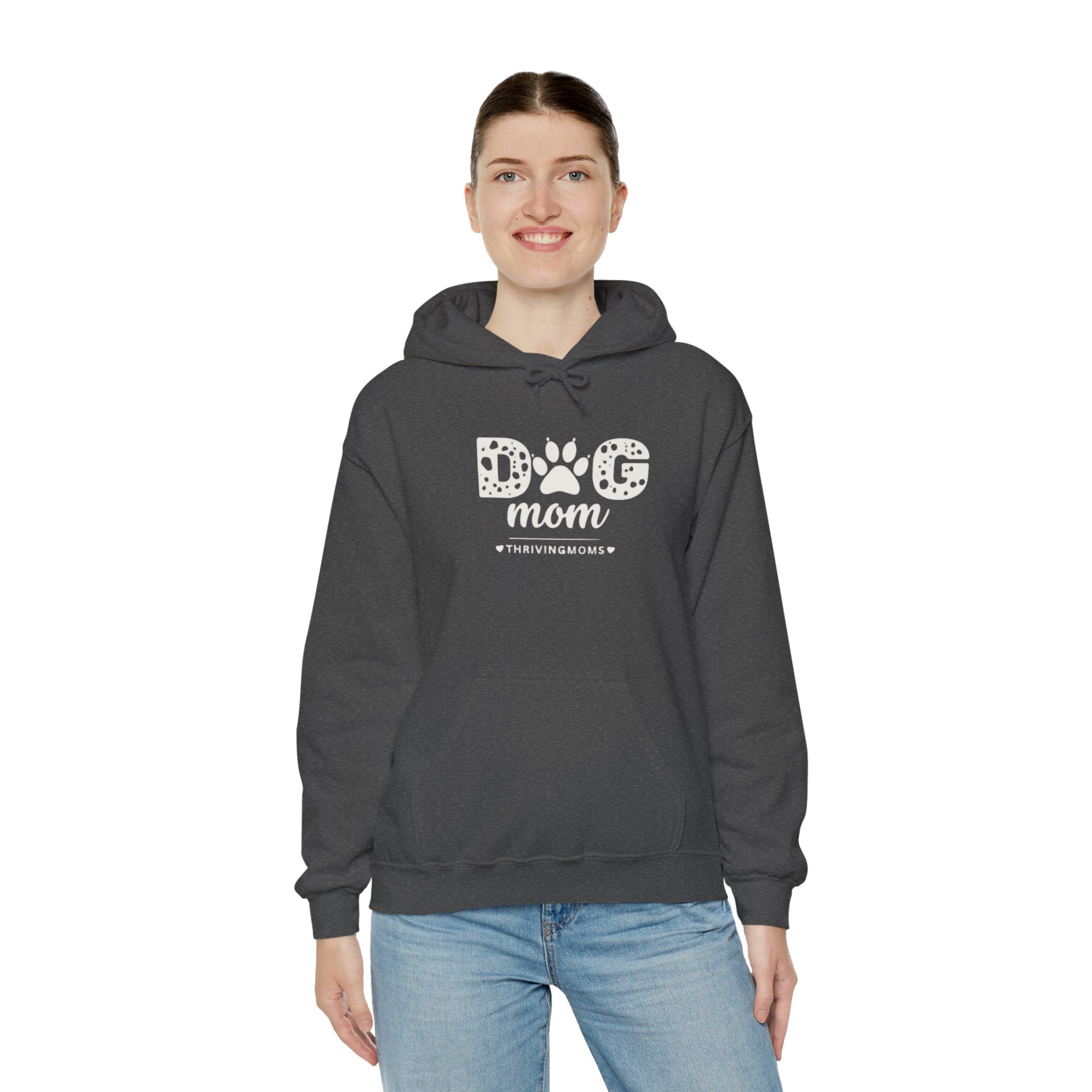 Dog Mom Hoodie in Dark Heather — soft, warm, worn with zero apologies — ThrivingMoms