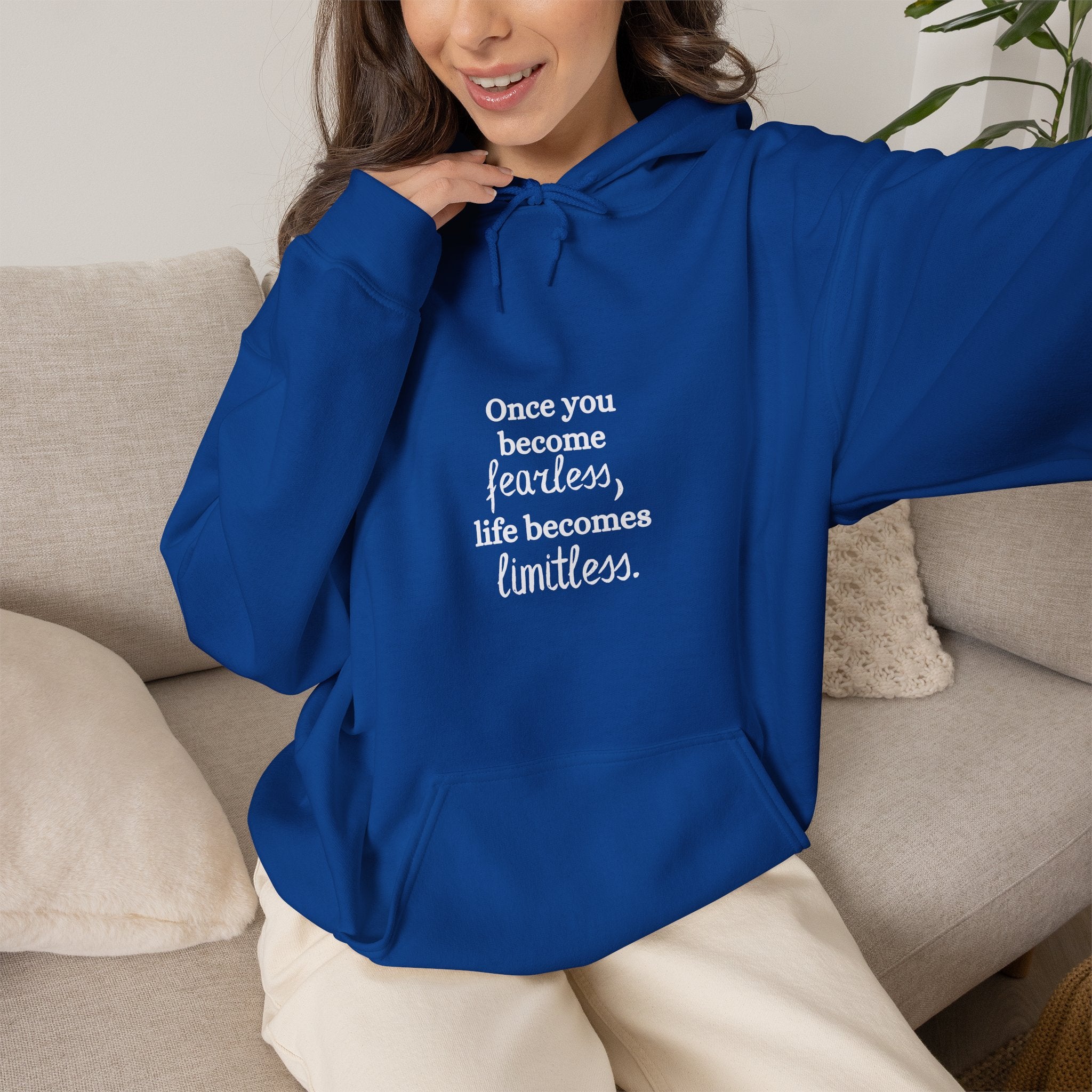 Once You Become Fearless Life Becomes Limitless Hoodie in Royal Blue — worn like a daily reminder — ThrivingMoms