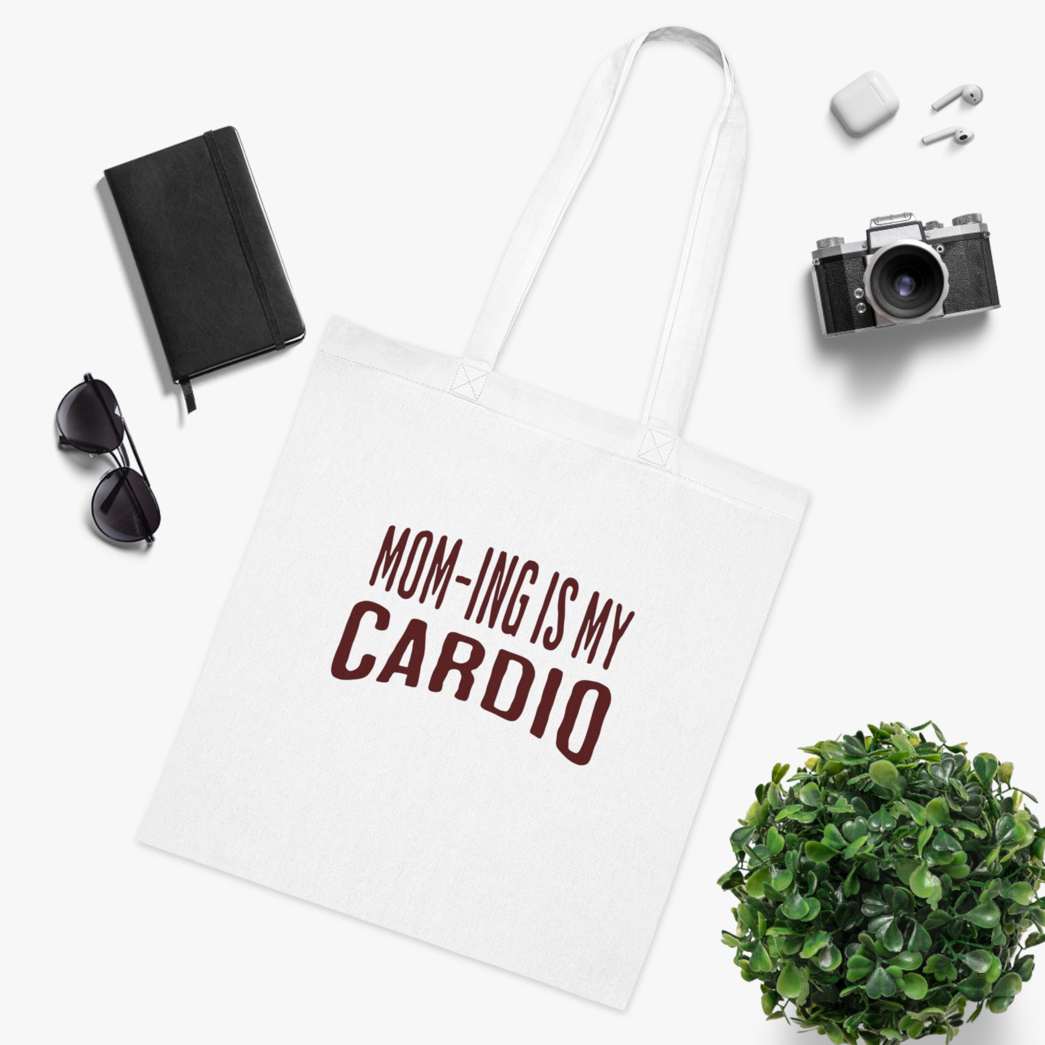 Mom-ing Is My Cardio Tote Bag in White — bold print, double-stitched handles — ThrivingMoms