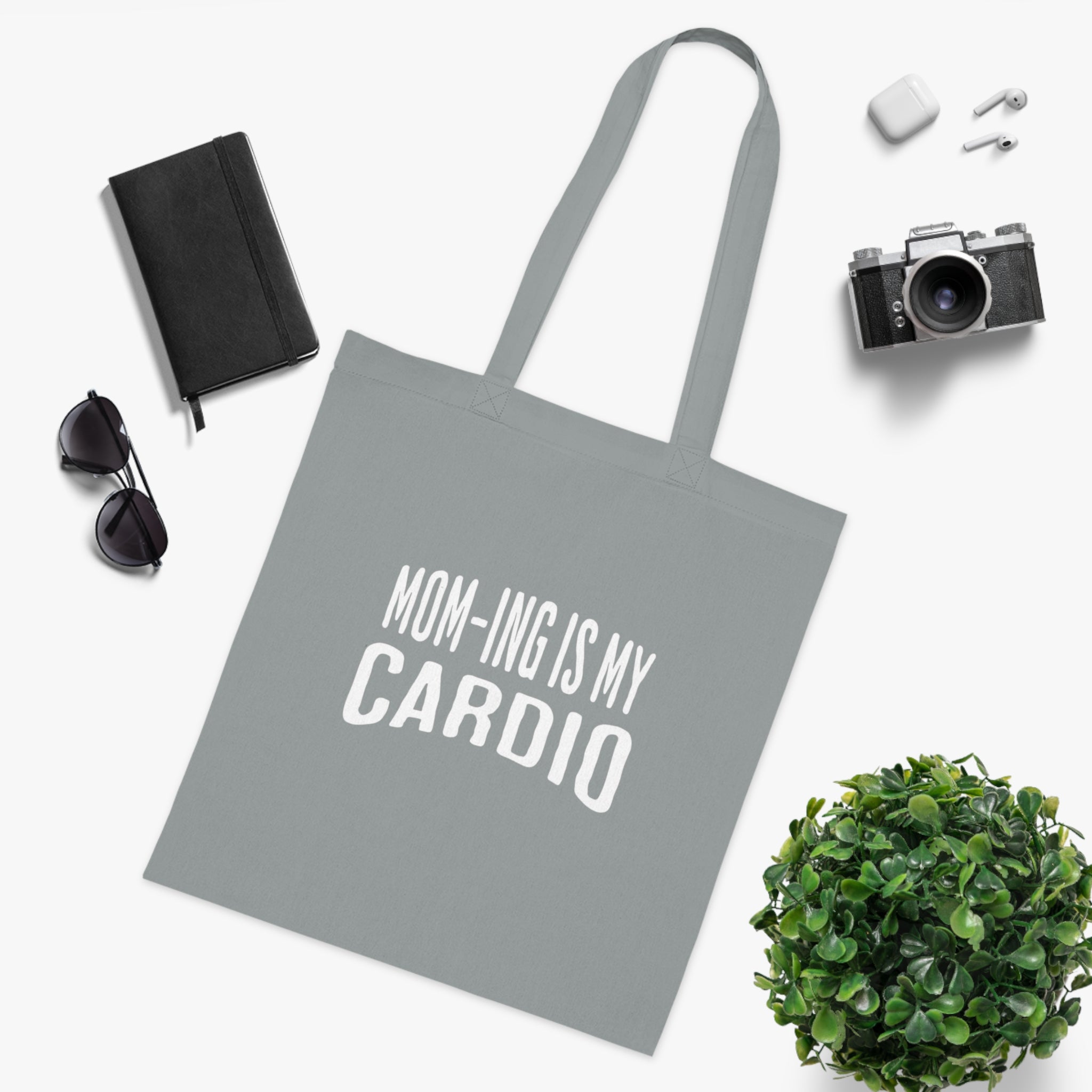 Mom-ing Is My Cardio Tote Bag in Grey — bold print, double-stitched handles — ThrivingMoms