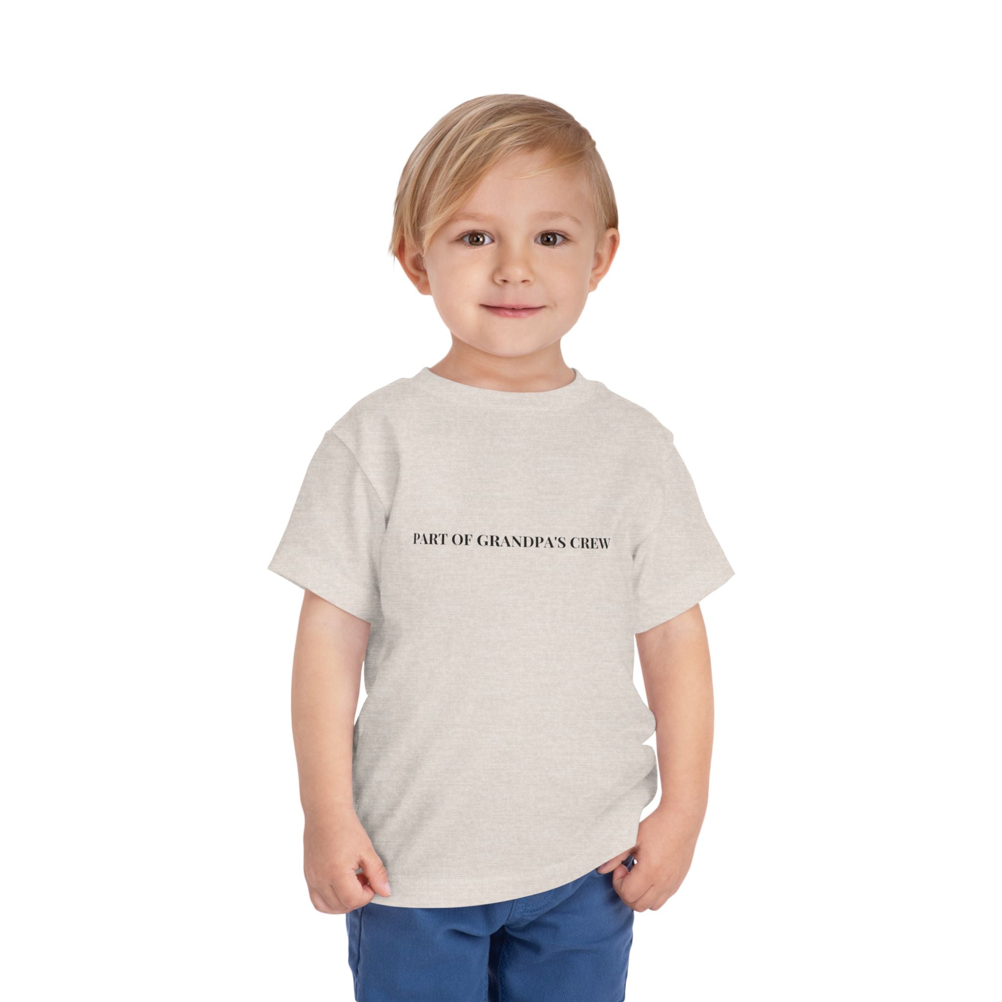 Part of Grandpa's Crew Toddler Tee in Heather Dust — lightweight and breathable — ThrivingMoms