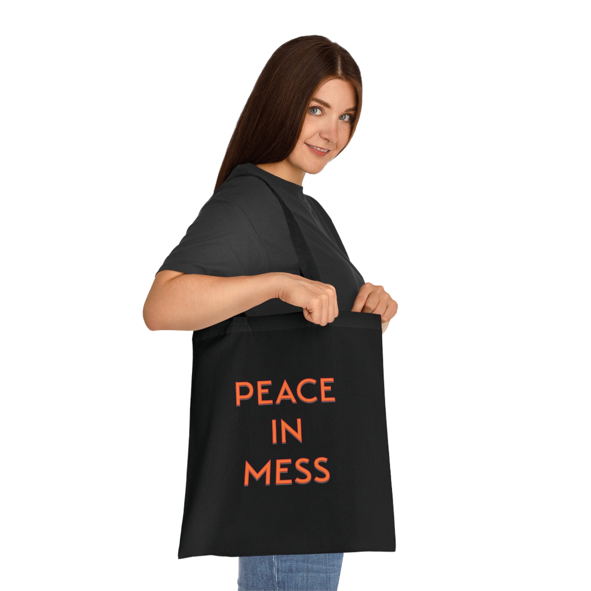 Peace in Mess Tote Bag in Black — bold print, double-stitched handles — ThrivingMoms