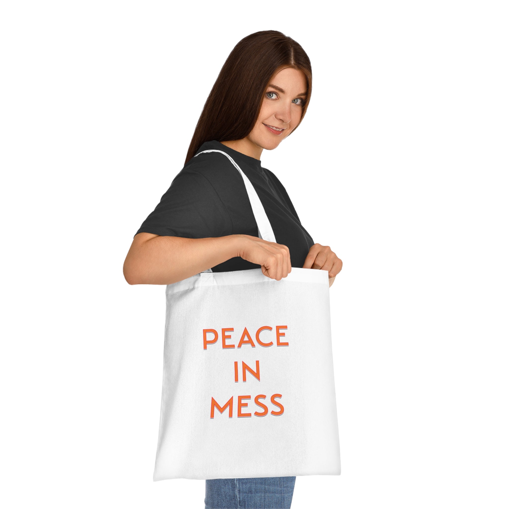 Peace in Mess Tote Bag in White — bold print, double-stitched handles — ThrivingMoms