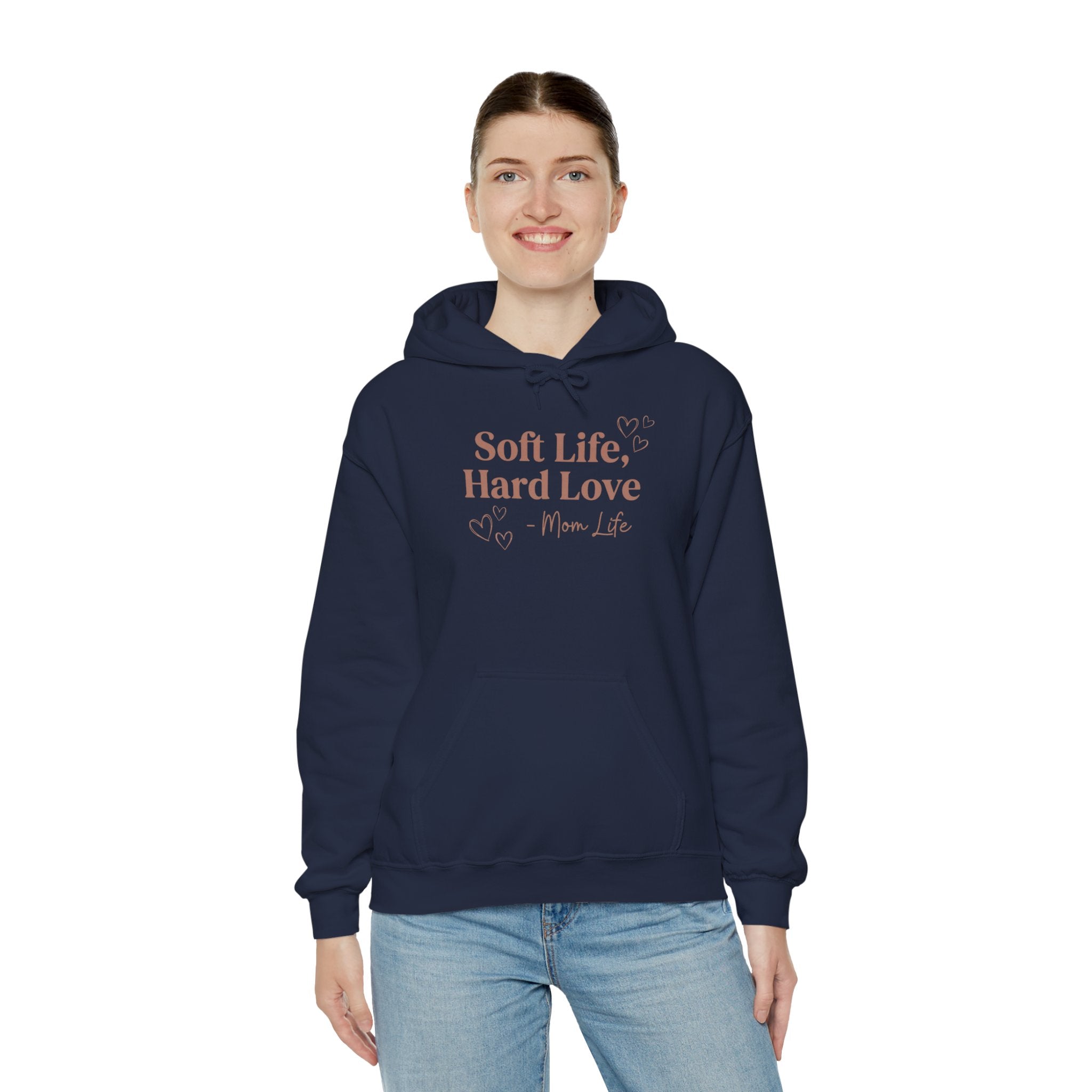 Soft Life Hard Love hoodie in navy blue worn by model — ThrivingMoms gift for mom