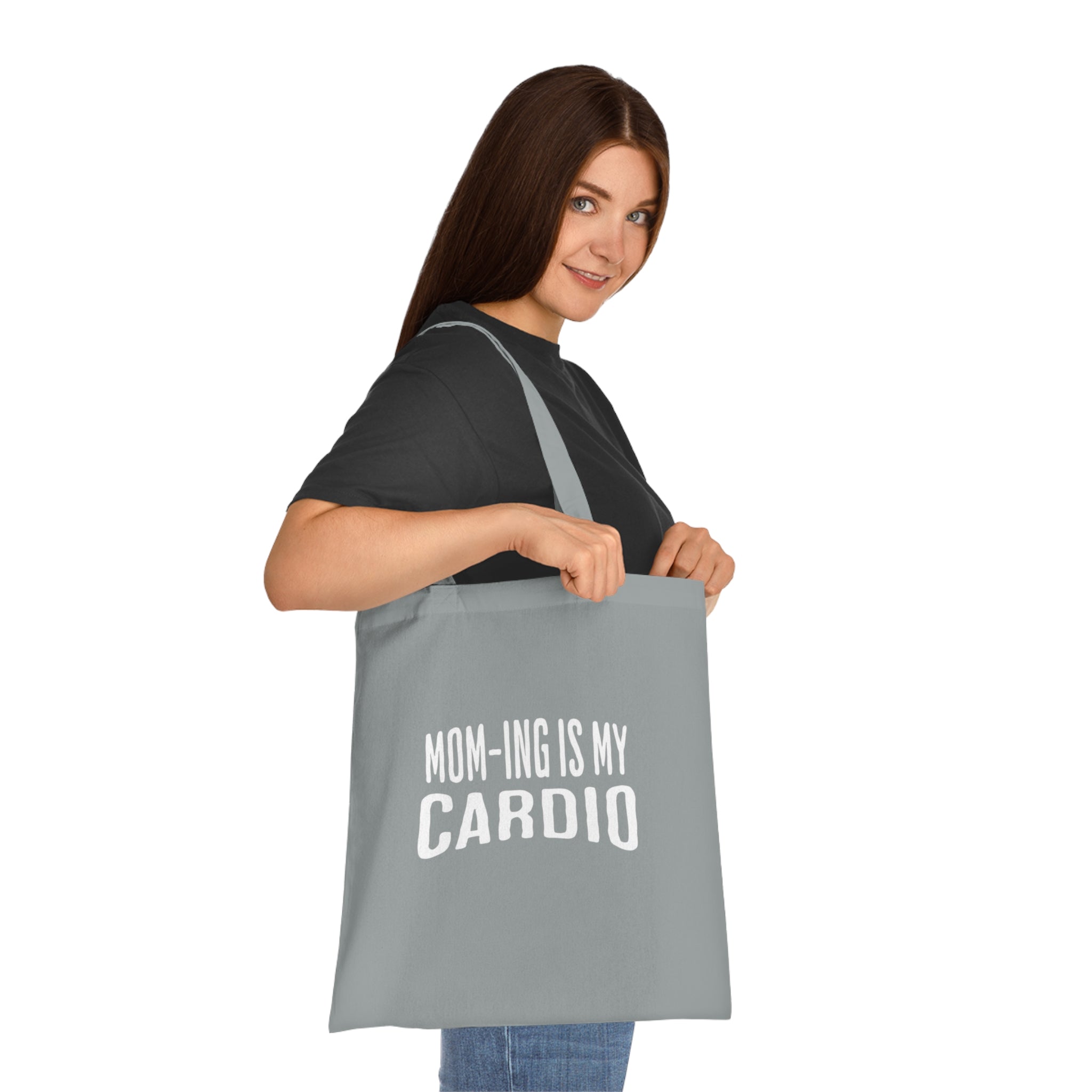 Mom-ing Is My Cardio Tote Bag in Grey — bold print, double-stitched handles — ThrivingMoms