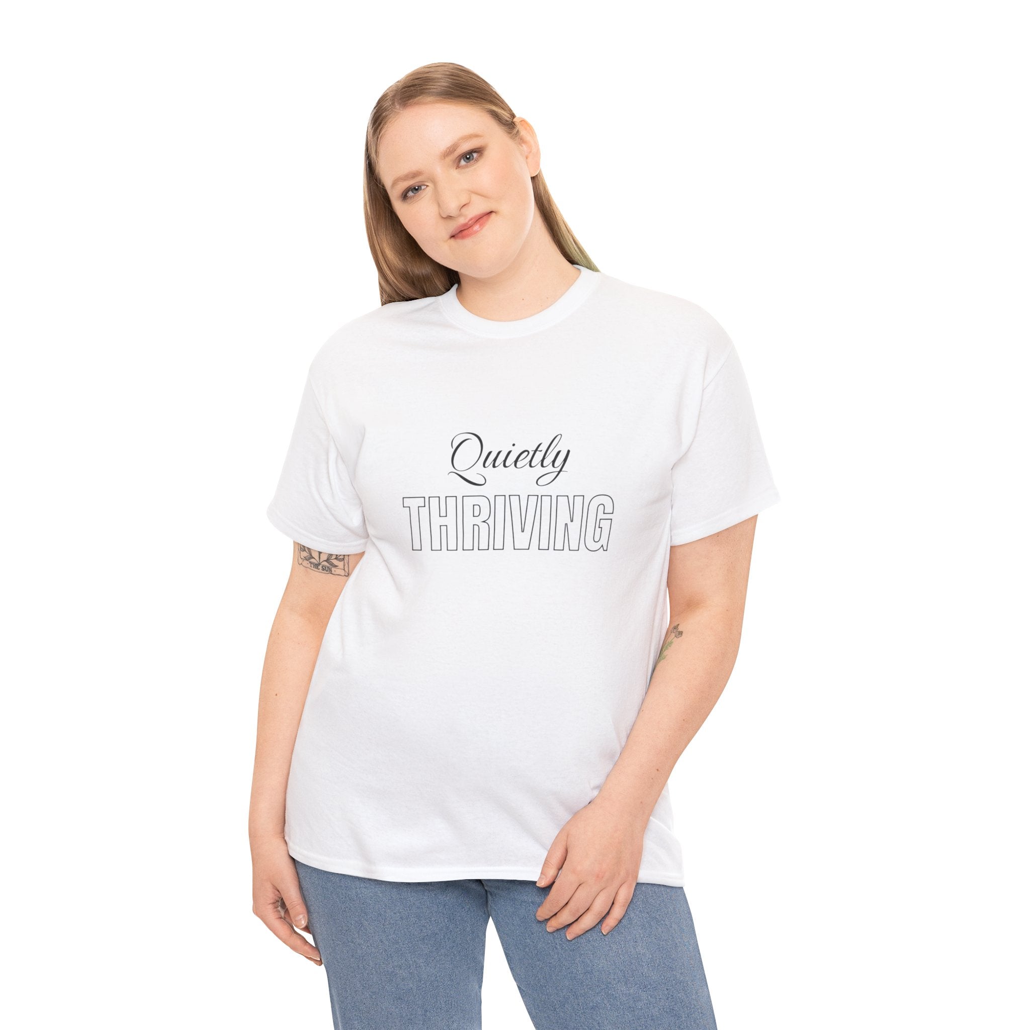 Quietly Thriving T-Shirt in White — ThrivingMoms unisex mom graphic tee, front view