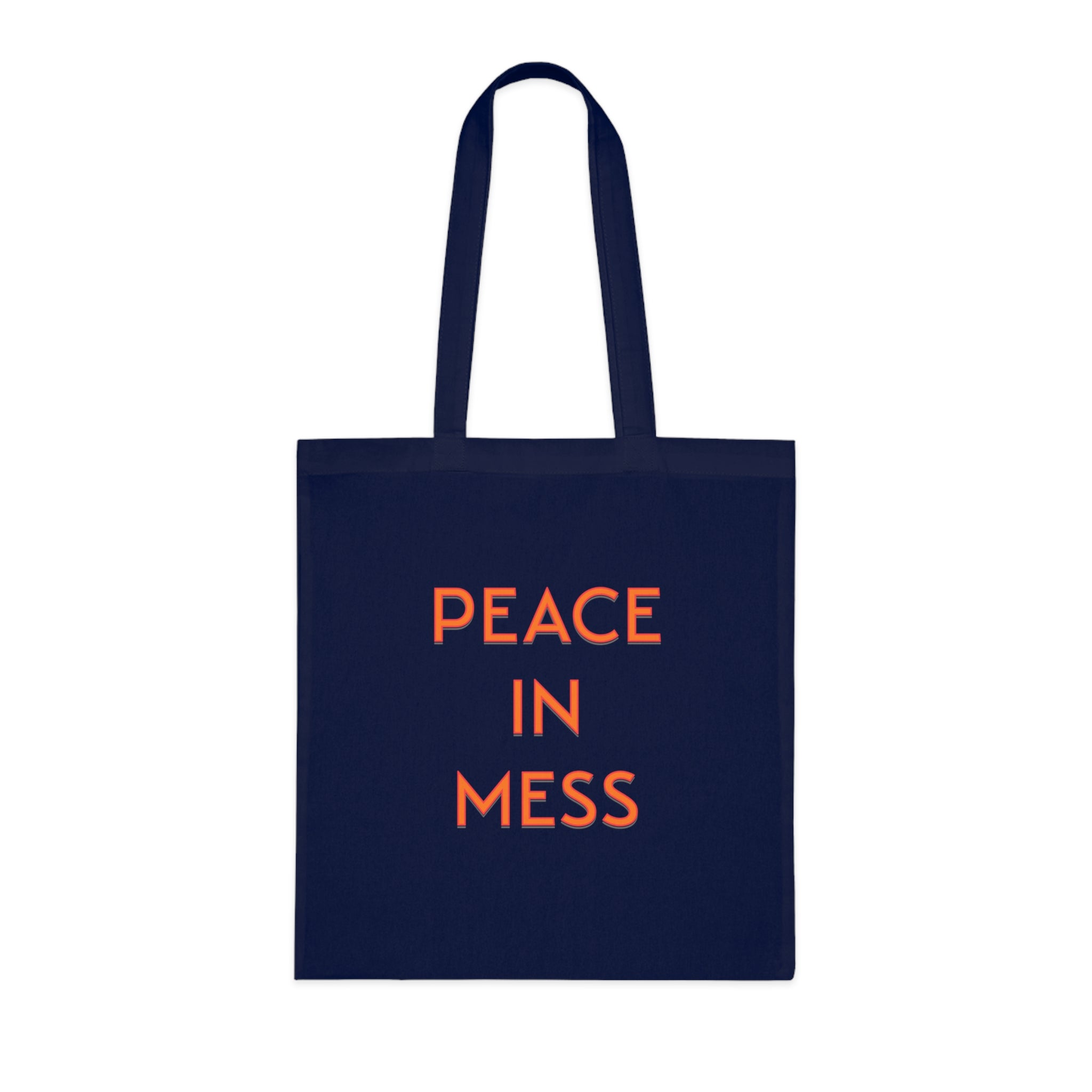 Peace in Mess Tote Bag in Navy Blue — bold print, double-stitched handles — ThrivingMoms