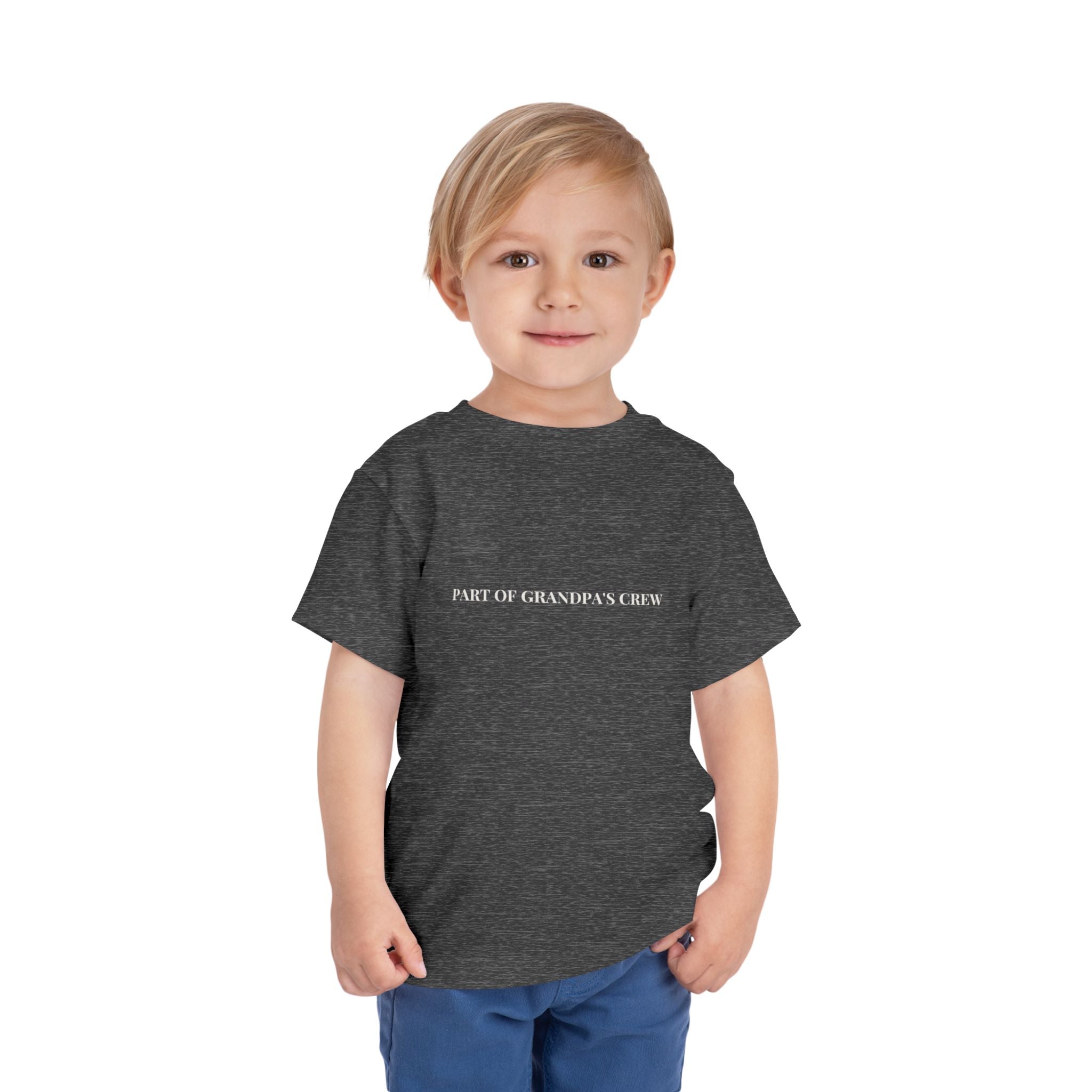 Part of Grandpa's Crew Toddler Tee in Dark Heather Grey — machine wash cold, tumble dry low — ThrivingMoms