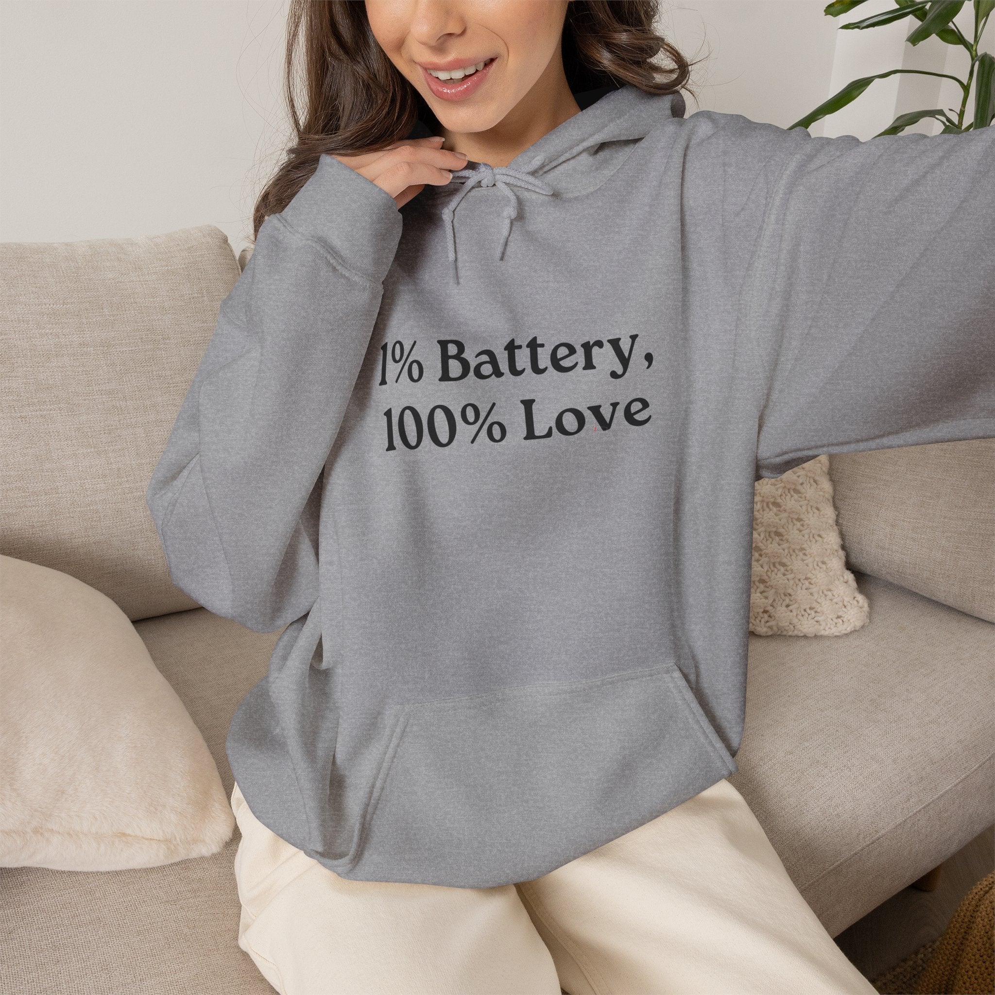 1% Battery 100% Love Hoodie in Grey — for the mom who's down to one percent and still giving everything — ThrivingMoms