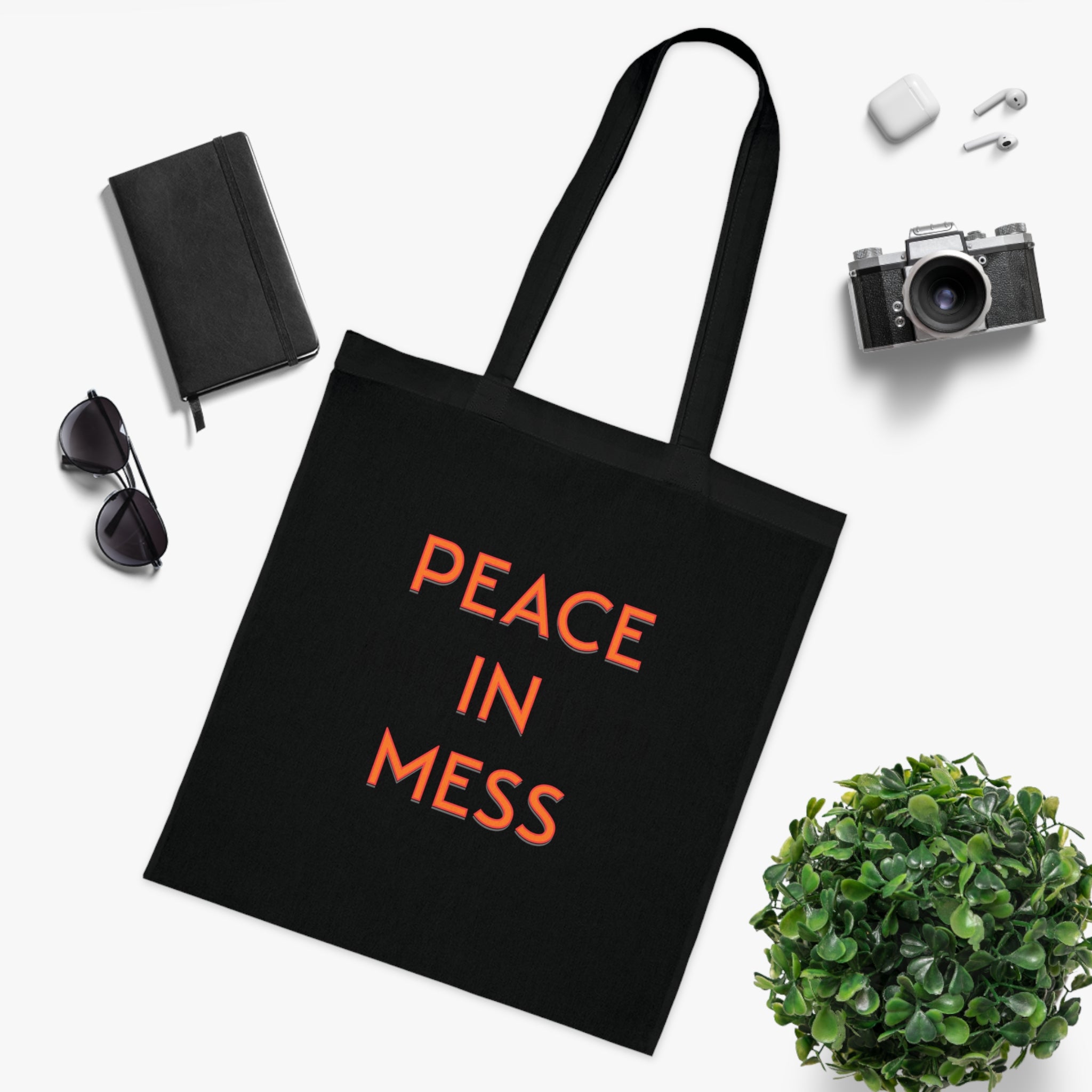 Peace in Mess Tote Bag in Black — bold print, double-stitched handles — ThrivingMoms