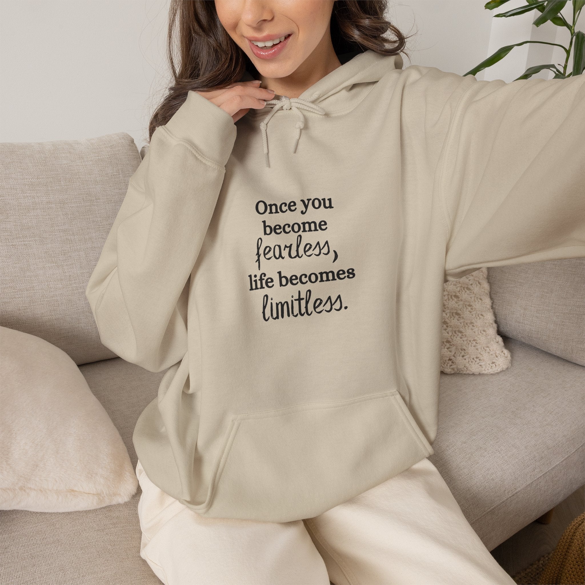 Once You Become Fearless Life Becomes Limitless Hoodie in Sand — 50% cotton 50% polyester, oversized fit — ThrivingMoms