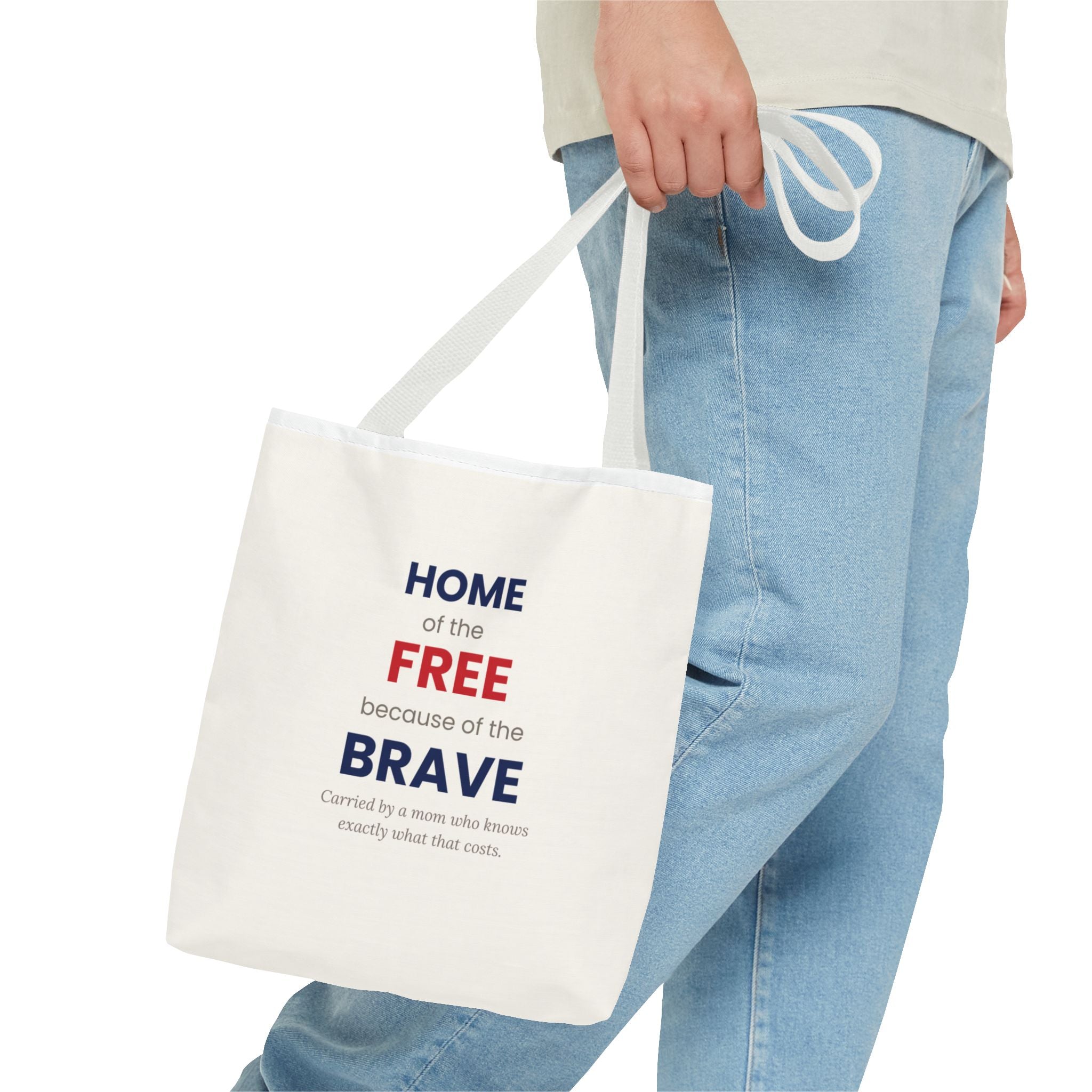 Home of the Free Because of the Brave Tote Bag in White — reinforced handles, boxed corners — ThrivingMoms