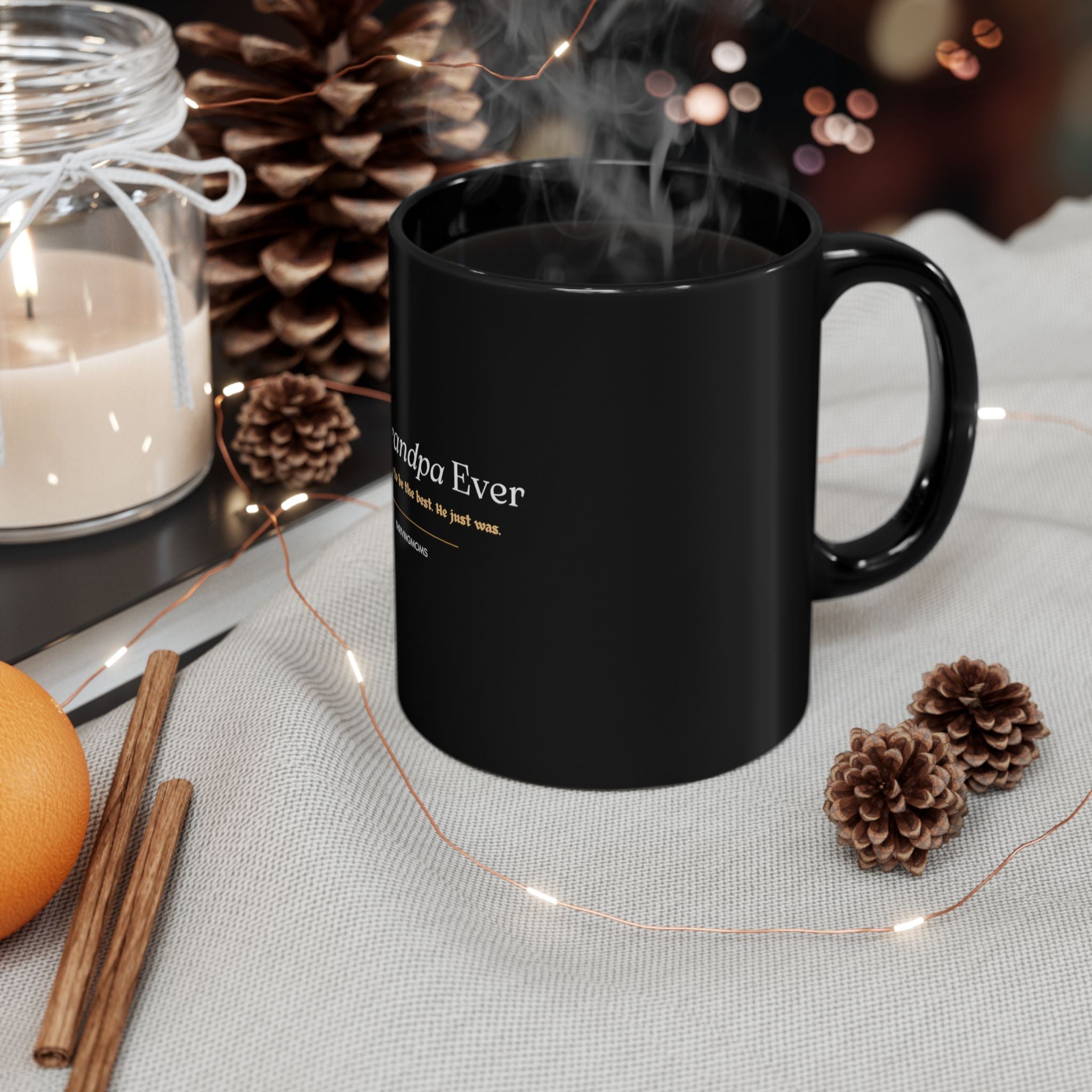 Best Grandpa Ever Black Mug in cozy autumn setting — for the grandpa who's earned every morning — ThrivingMoms