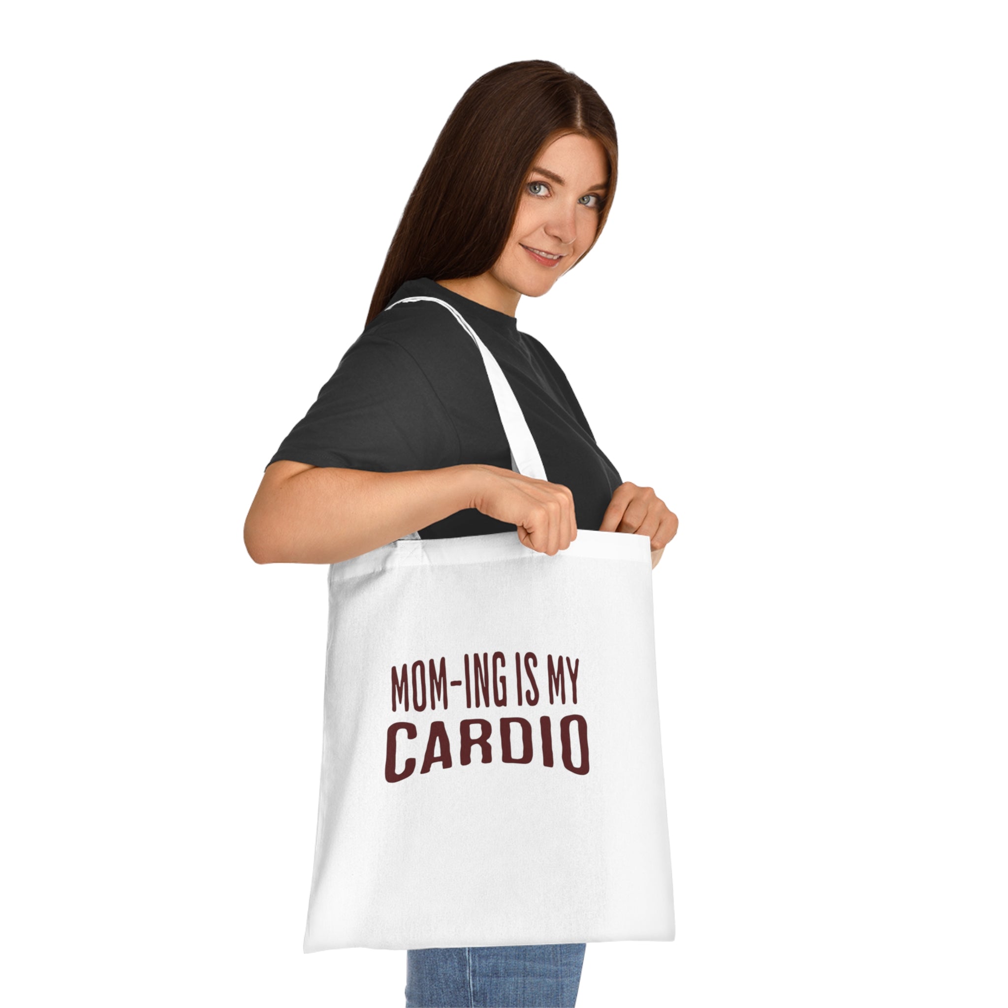 Mom-ing Is My Cardio Tote Bag in White — bold print, double-stitched handles — ThrivingMoms
