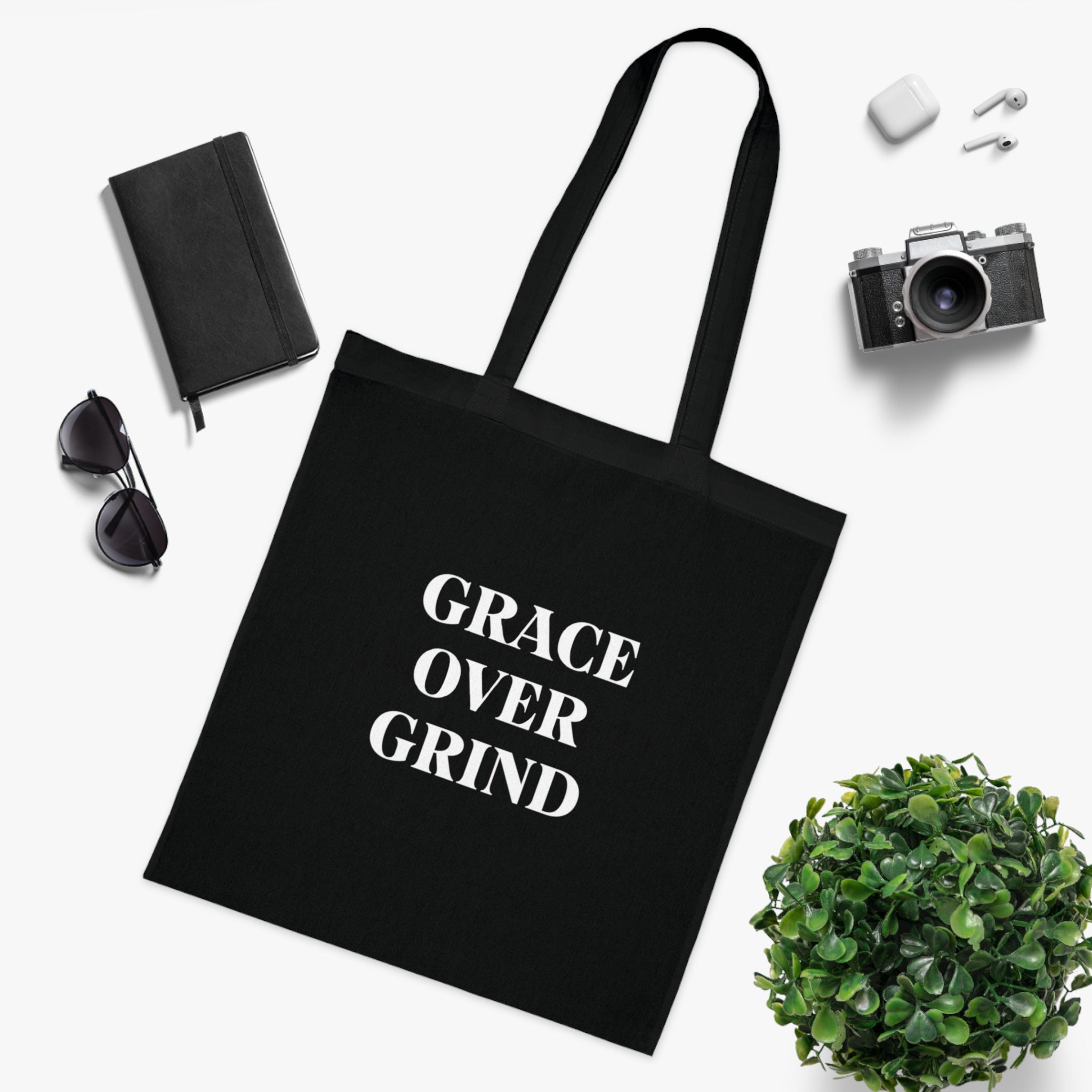 Grace Over Grind Tote Bag in Black — for the mom who stopped pushing through everything — ThrivingMoms