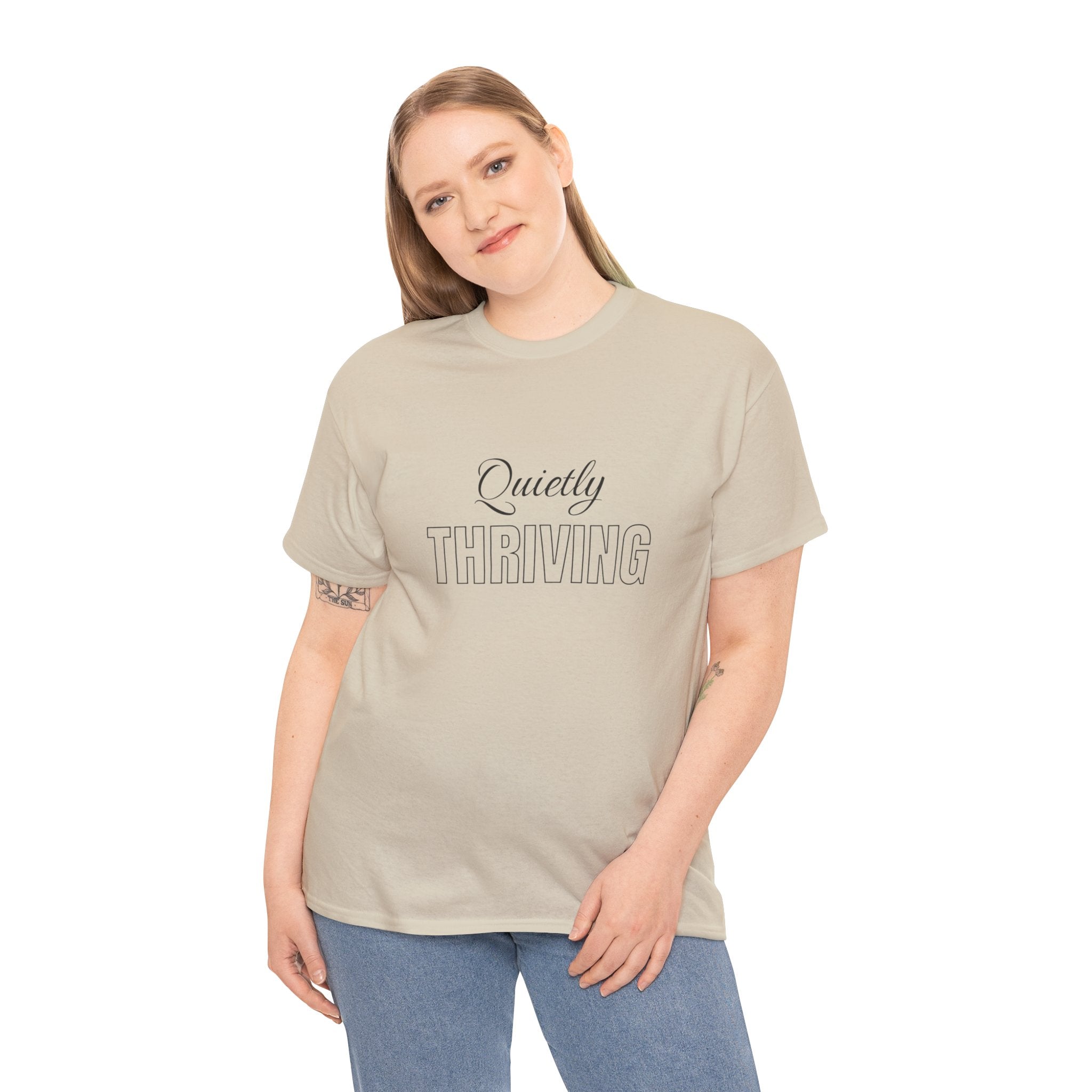 Quietly Thriving T-Shirt in Sand — ThrivingMoms unisex mom graphic tee, front view