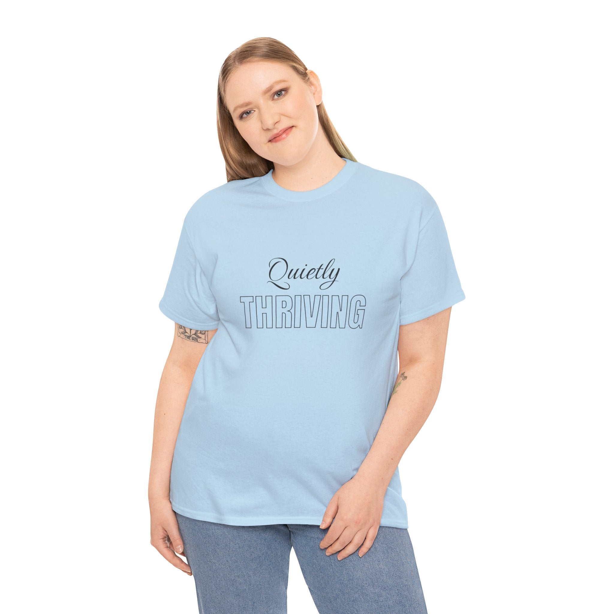 Quietly Thriving T-Shirt in Light Blue — ThrivingMoms unisex mom graphic tee, front view