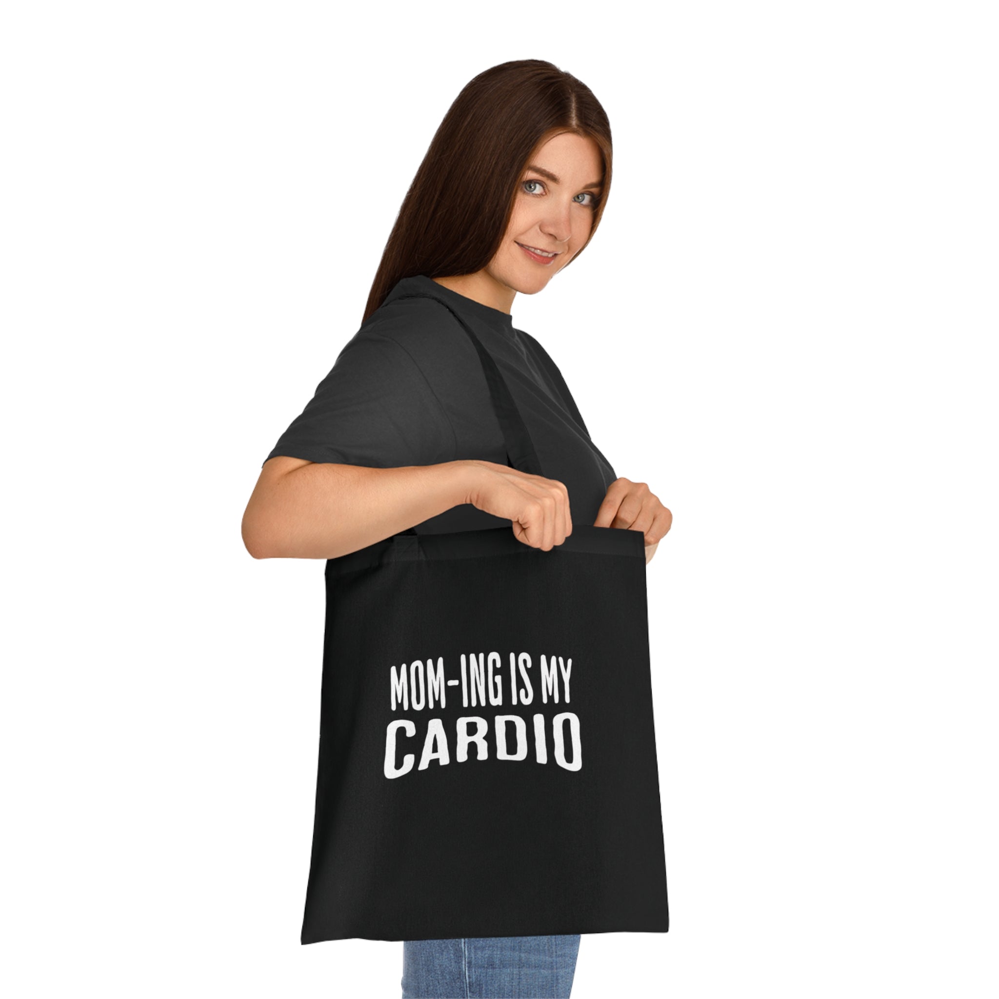Mom-ing Is My Cardio Tote Bag in Black — bold print, double-stitched handles — ThrivingMoms