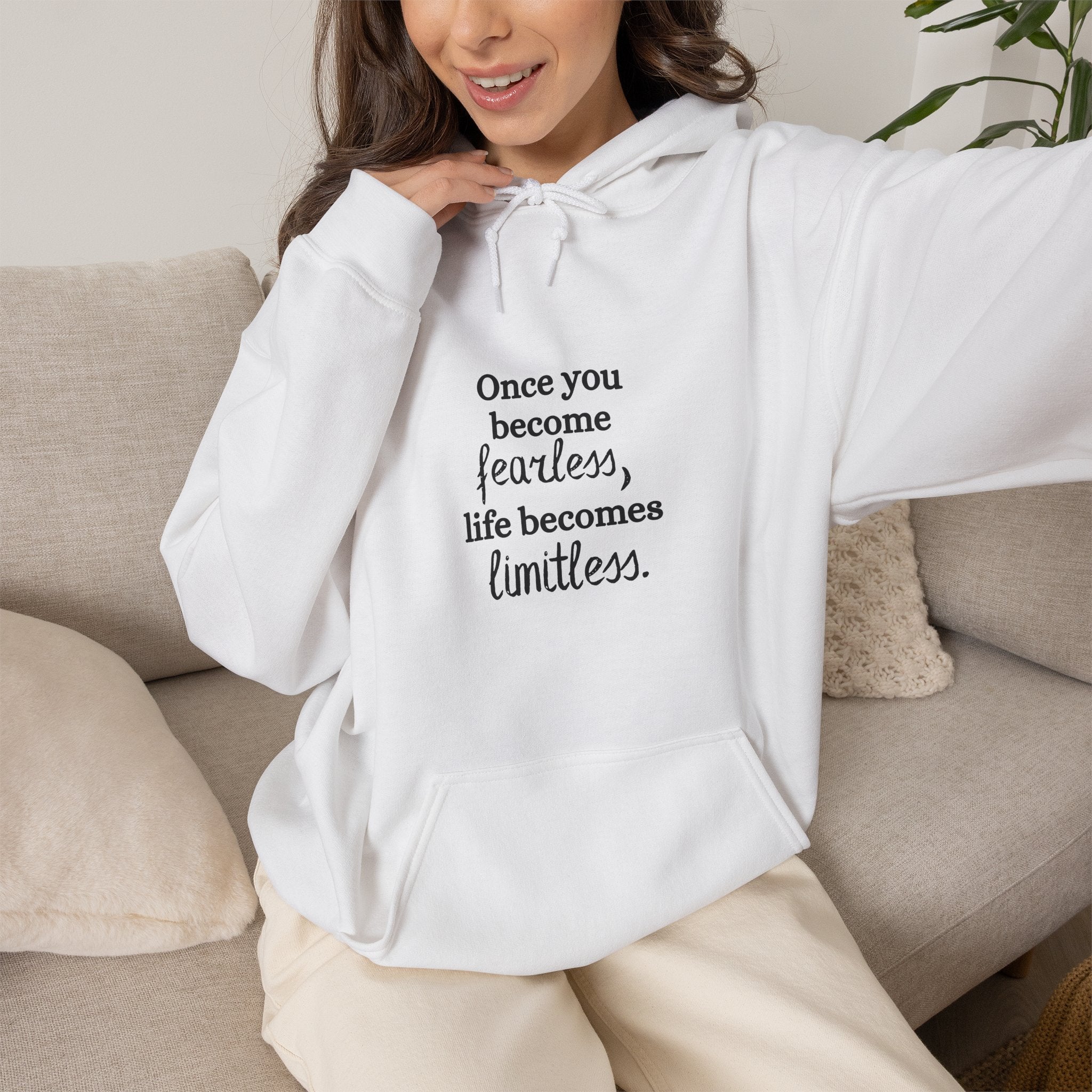 Once You Become Fearless Life Becomes Limitless Hoodie in White — for the mom done letting doubt run the show — ThrivingMoms
