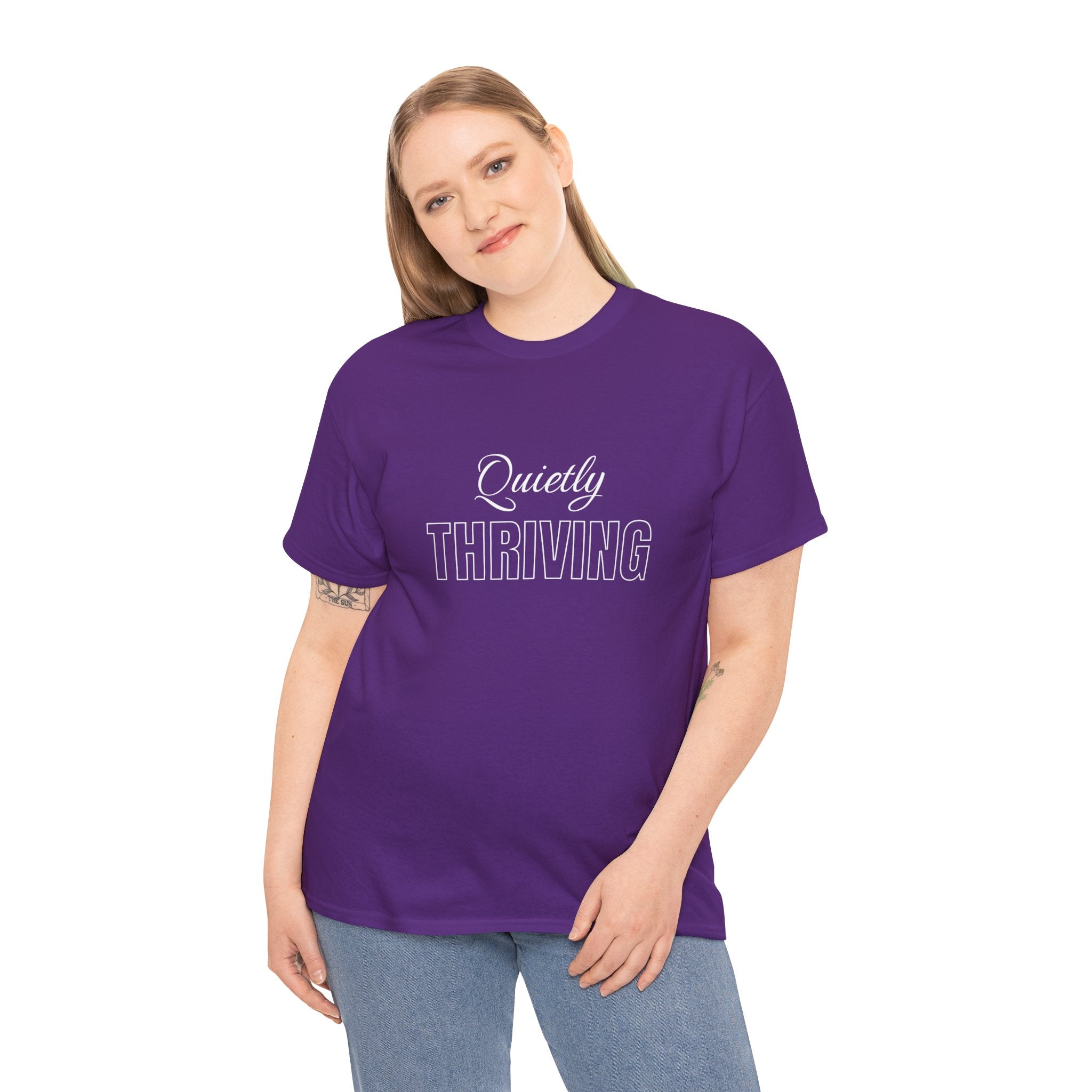 Quietly Thriving T-Shirt in Purple — ThrivingMoms unisex mom graphic tee, front view