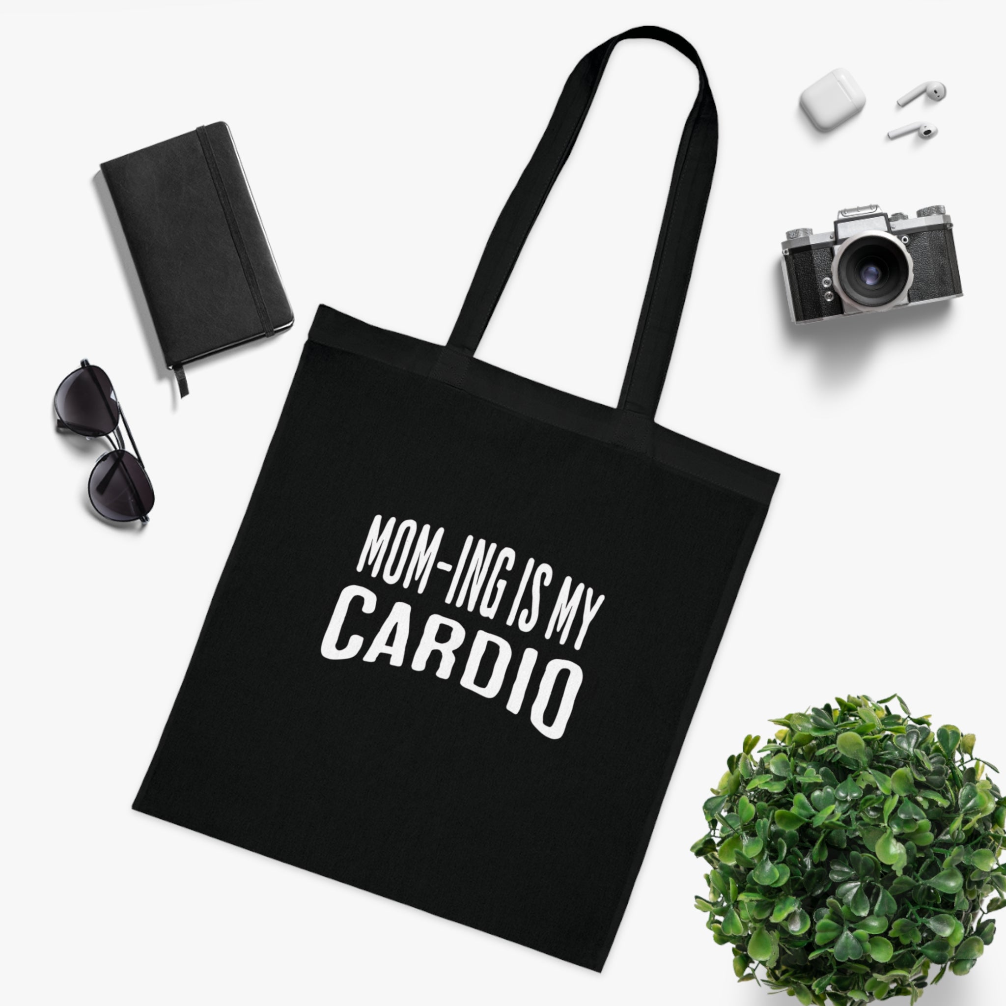 Mom-ing Is My Cardio Tote Bag in Black — bold print, double-stitched handles — ThrivingMoms