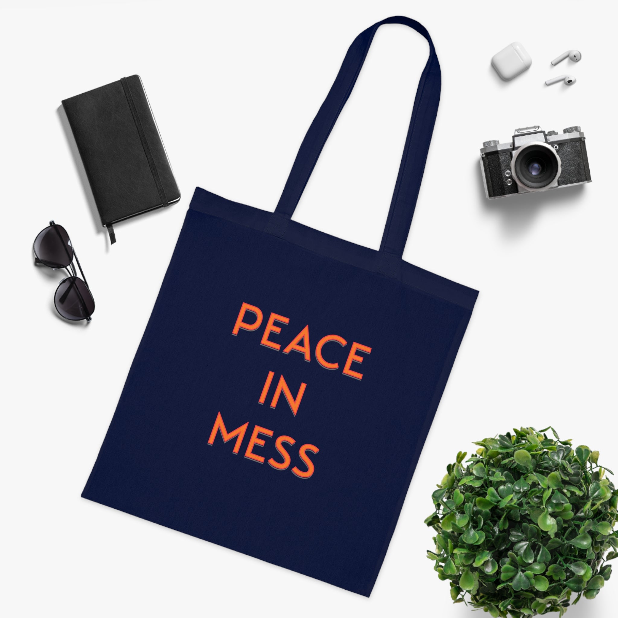 Peace in Mess Tote Bag in Navy Blue — bold print, double-stitched handles — ThrivingMoms