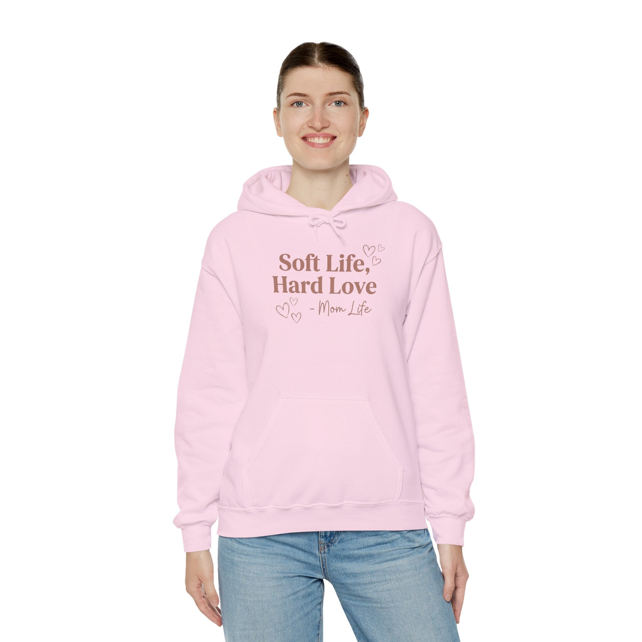 Soft Life Hard Love hoodie in light pink — ThrivingMoms Mother's Day gift hoodie