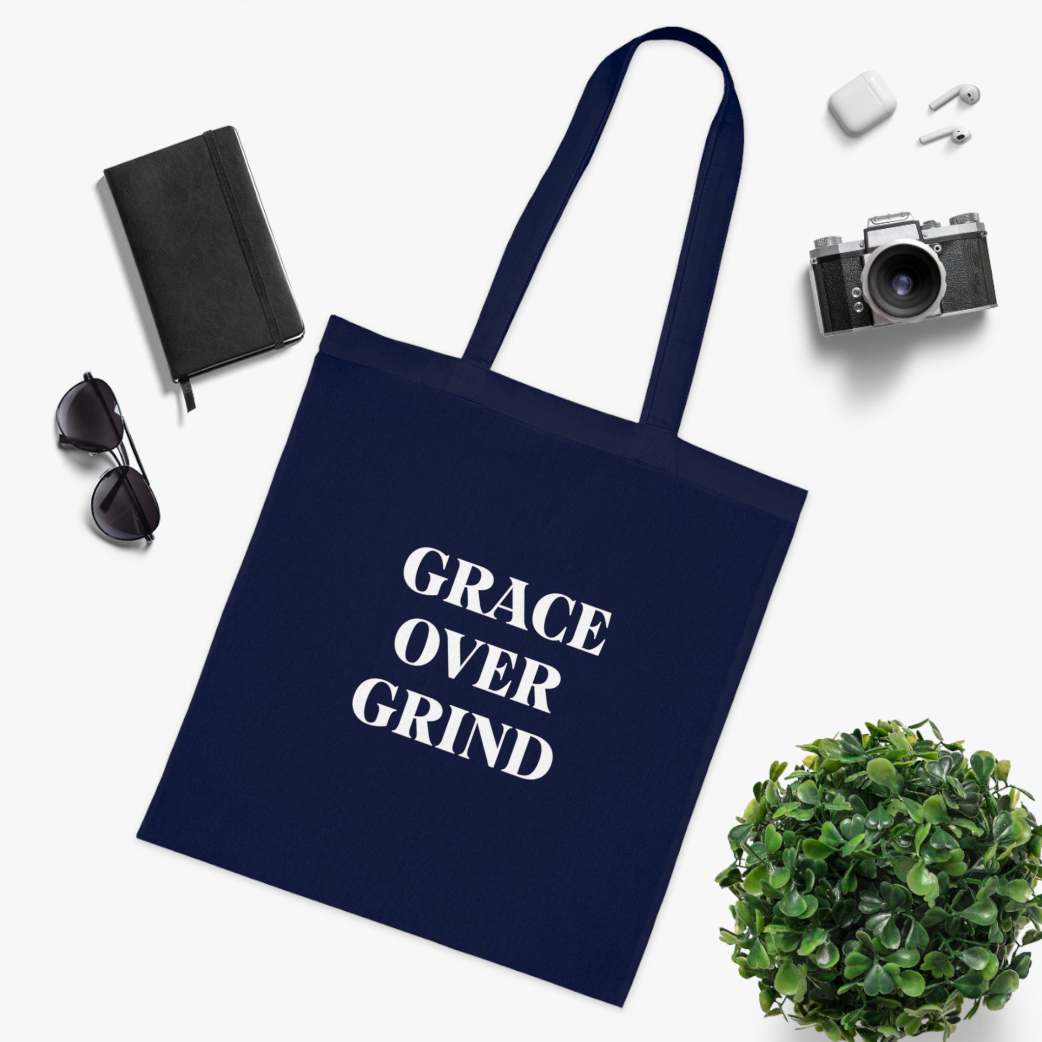 Grace Over Grind Tote Bag in Navy Blue — for the mom who stopped pushing through everything — ThrivingMoms