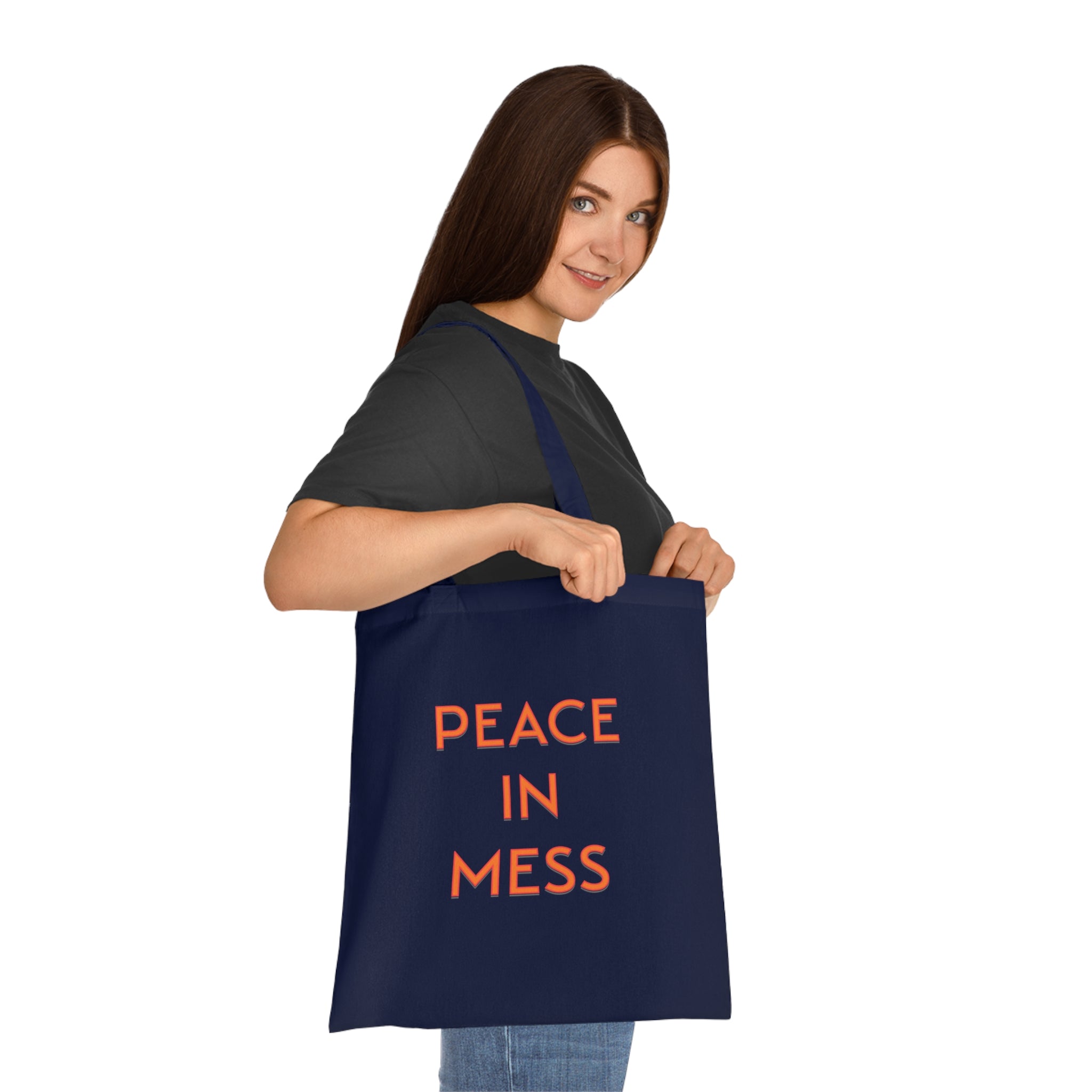 Peace in Mess Tote Bag in Navy Blue — bold print, double-stitched handles — ThrivingMoms
