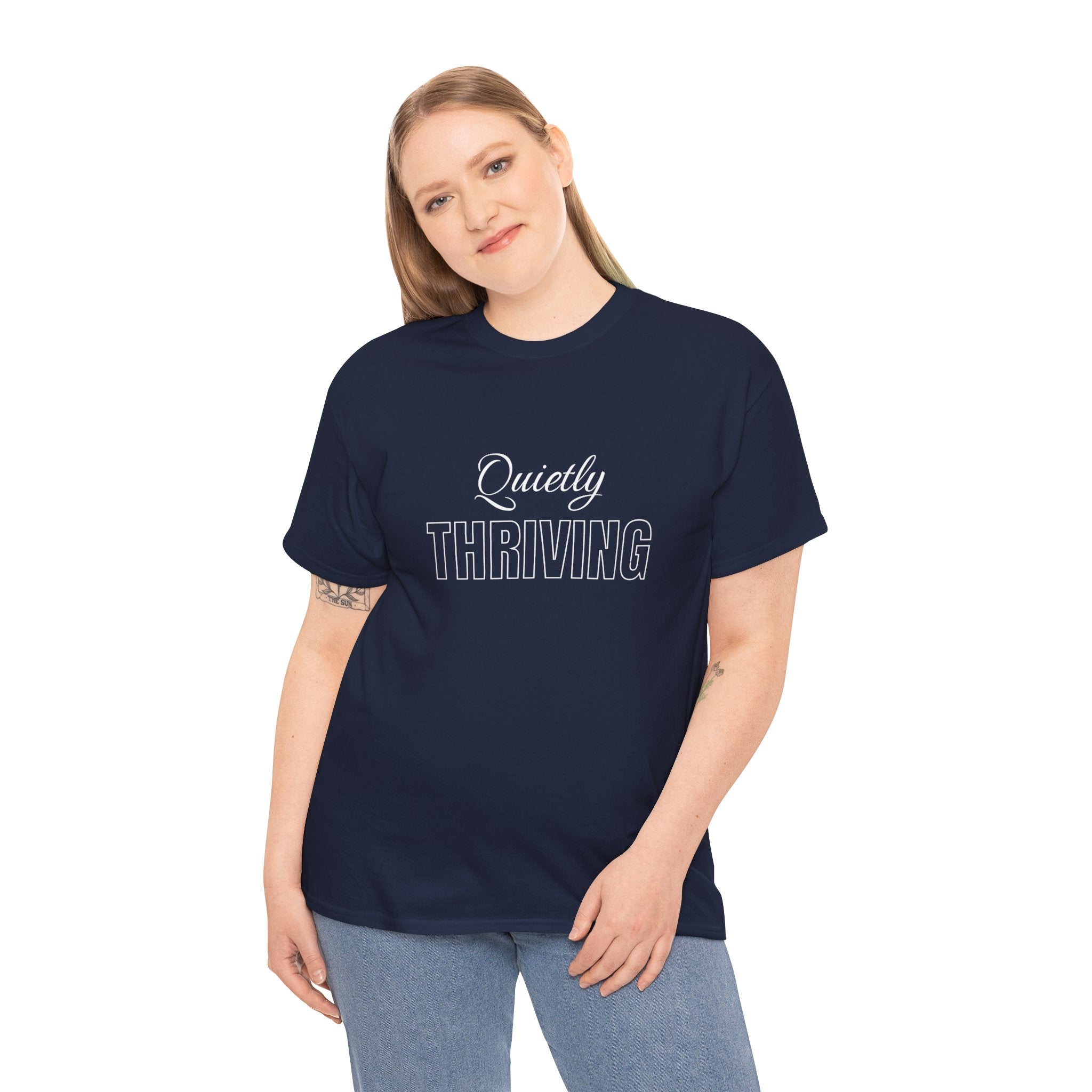 Quietly Thriving T-Shirt in Navy — ThrivingMoms unisex mom graphic tee, front view