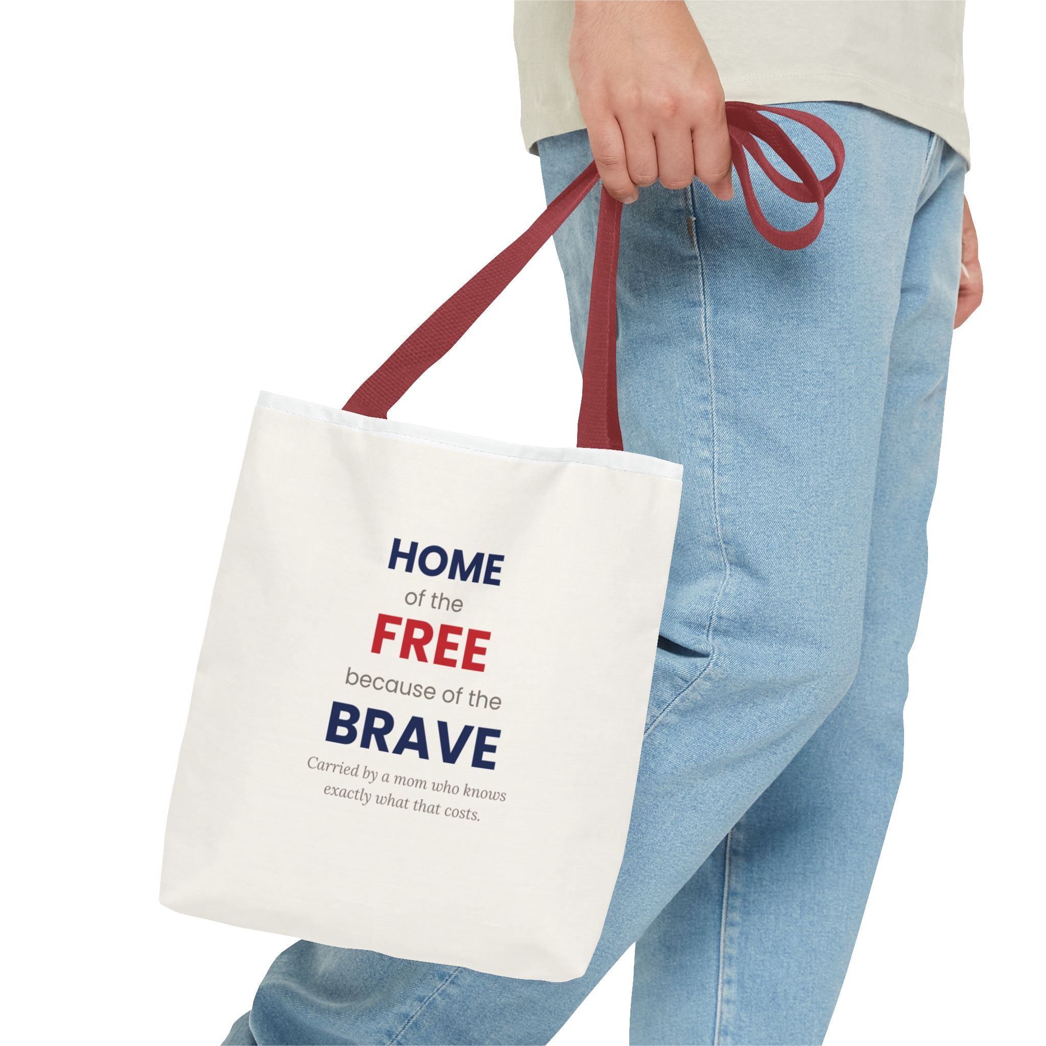 Home of the Free Because of the Brave Tote Bag in Red — durable polyester, 13x13 — ThrivingMoms