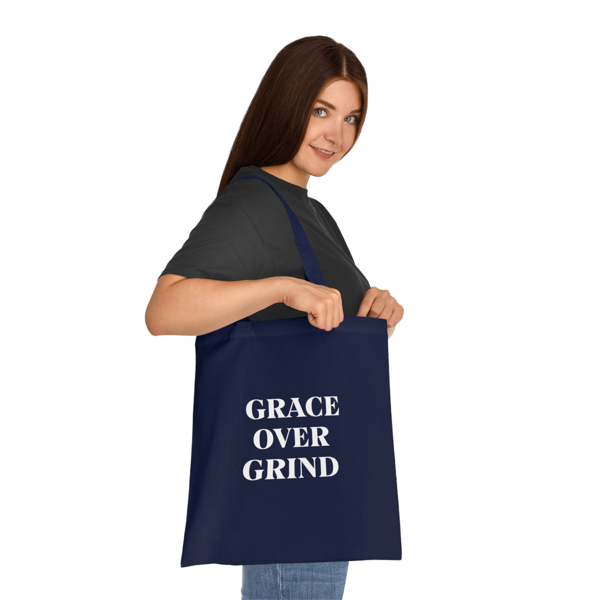 Grace Over Grind Tote Bag in Navy Blue — for the mom who stopped pushing through everything — ThrivingMoms