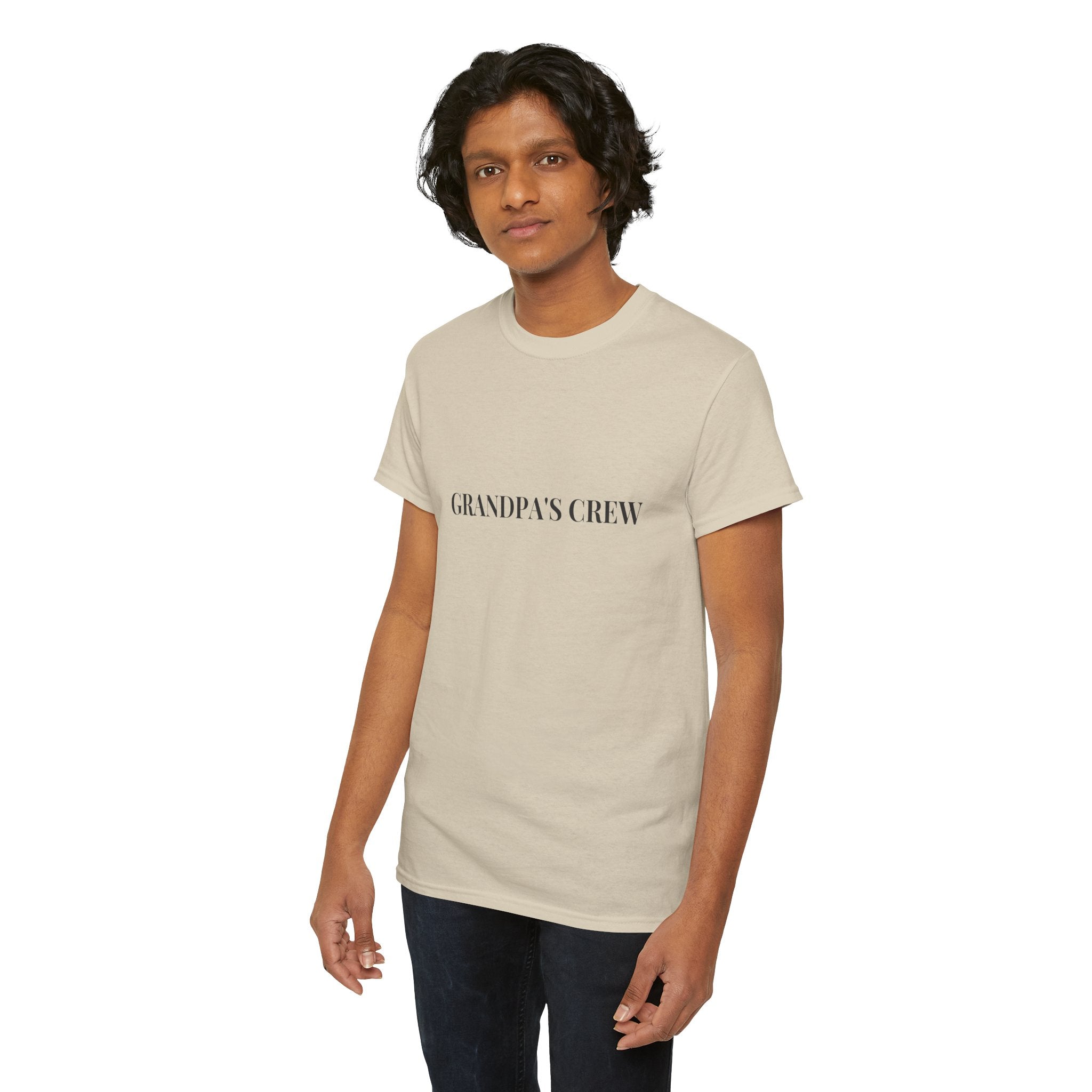 Grandpa's Crew T-Shirt in Sand — soft cotton, worn with quiet grandfather pride — ThrivingMoms