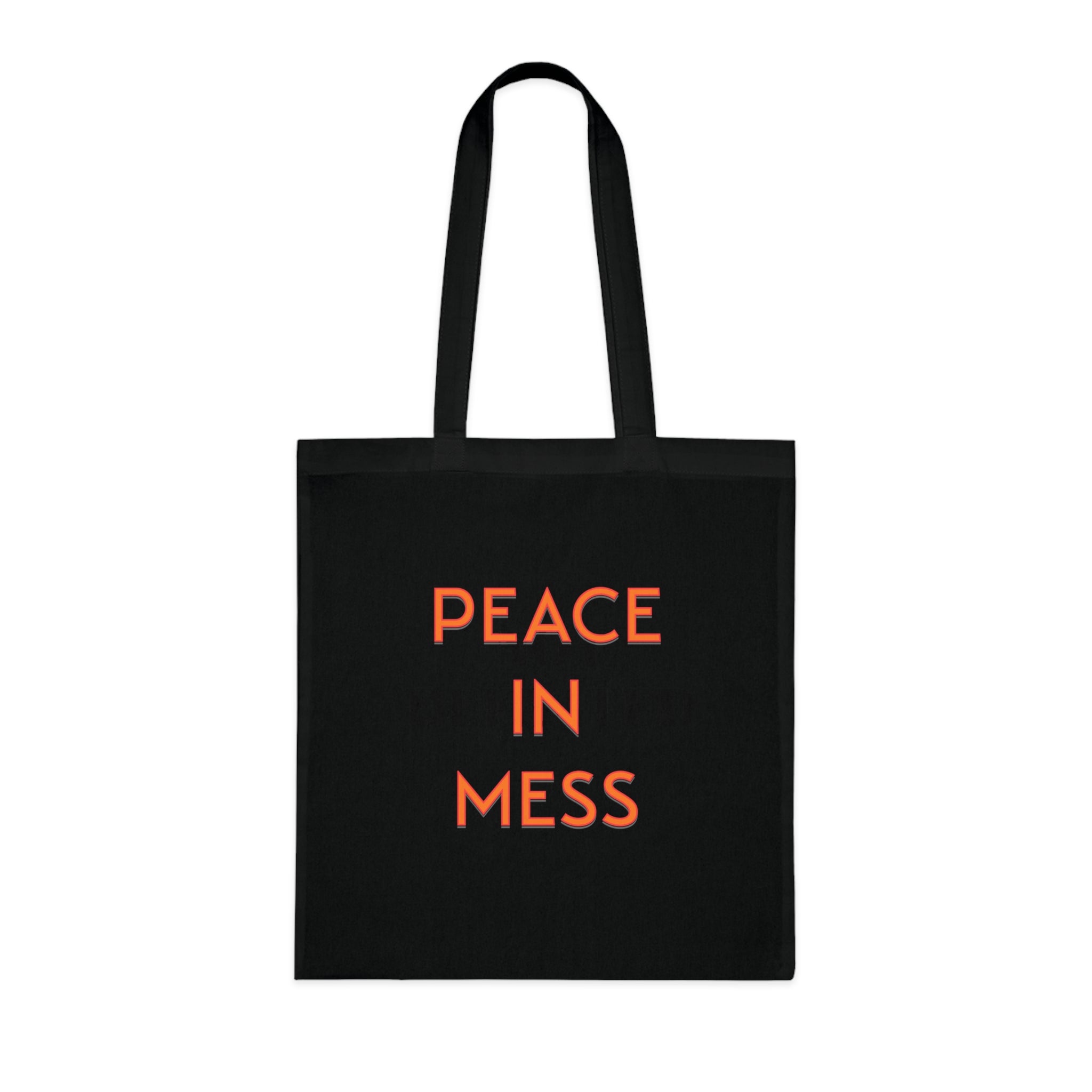 Peace in Mess Tote Bag in Black — bold print, double-stitched handles — ThrivingMoms