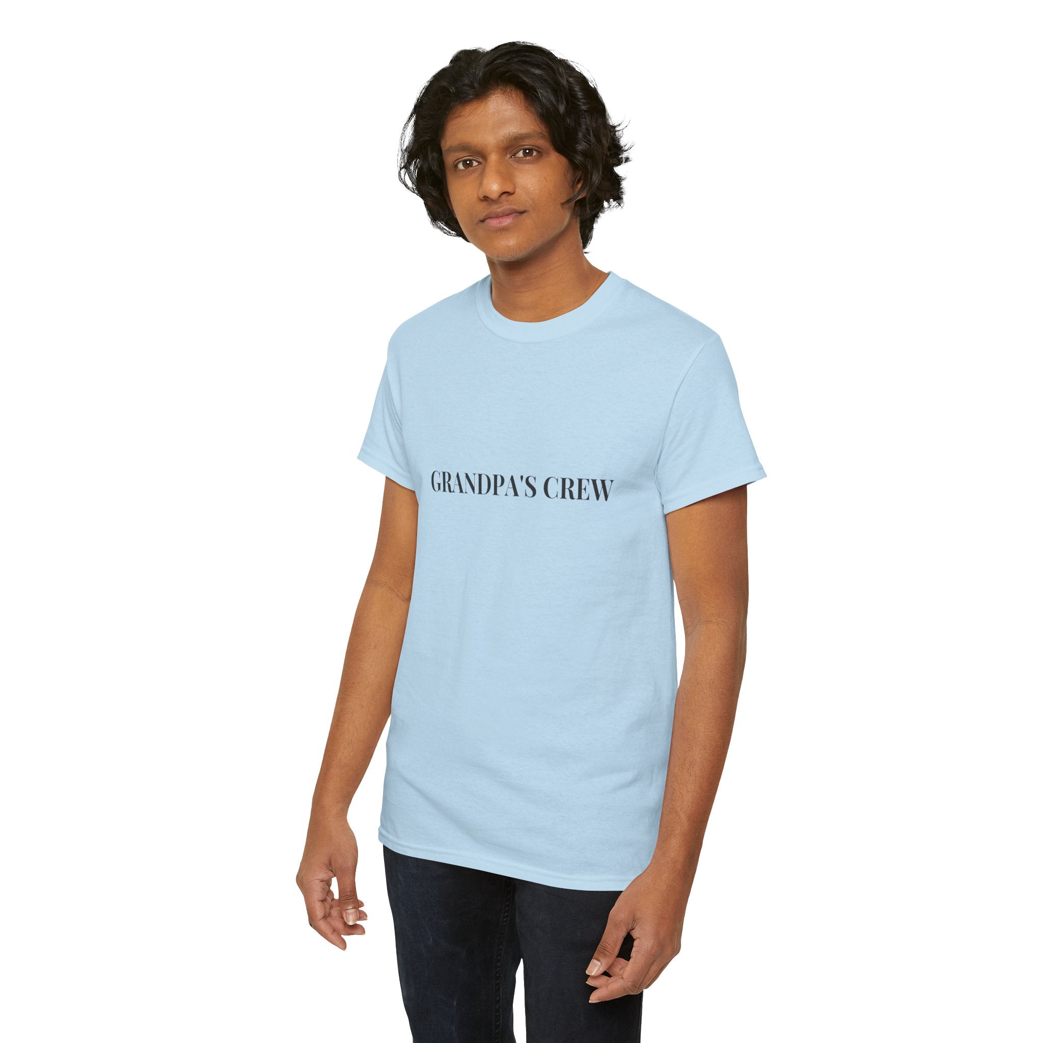 Grandpa's Crew T-Shirt in Light Blue — soft cotton, worn with quiet grandfather pride — ThrivingMoms