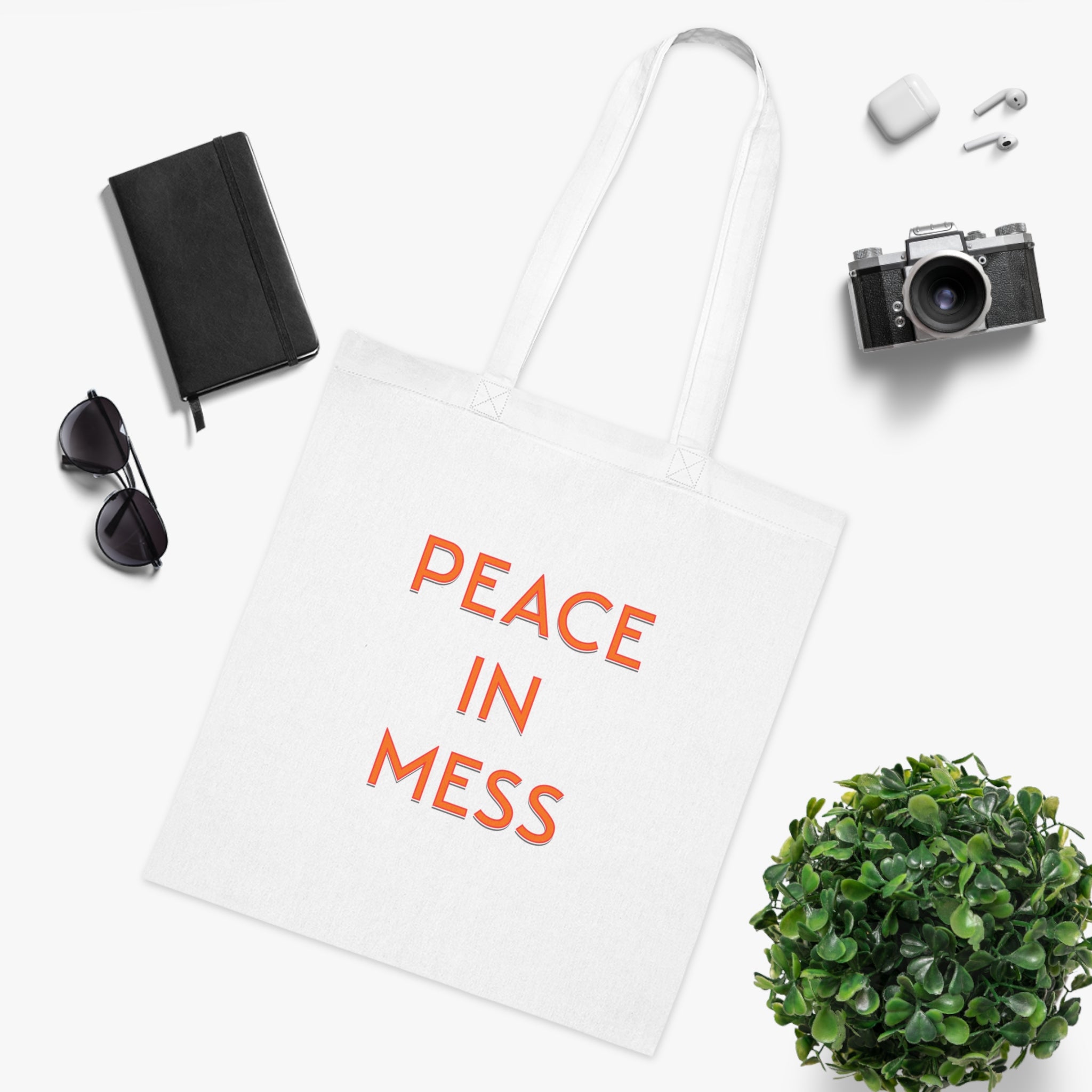Peace in Mess Tote Bag in White — bold print, double-stitched handles — ThrivingMoms
