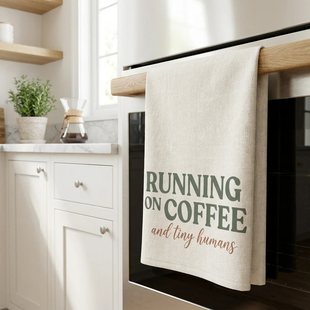 Running on Coffee and Tiny Humans kitchen towel - kitchen towel - funny gift for moms