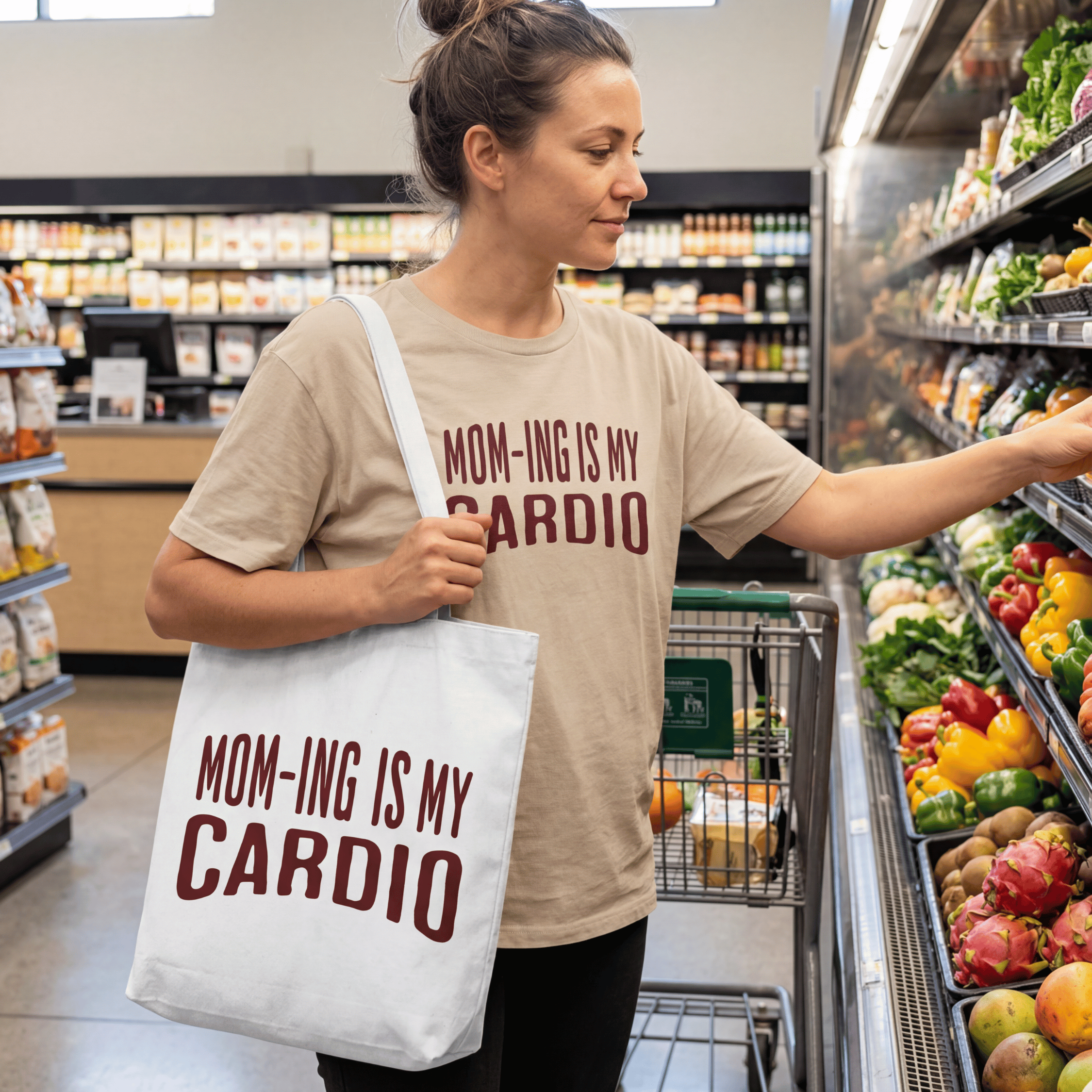 Mom-ing Is My Cardio Tote Bag in White — bold print, double-stitched handles — ThrivingMoms