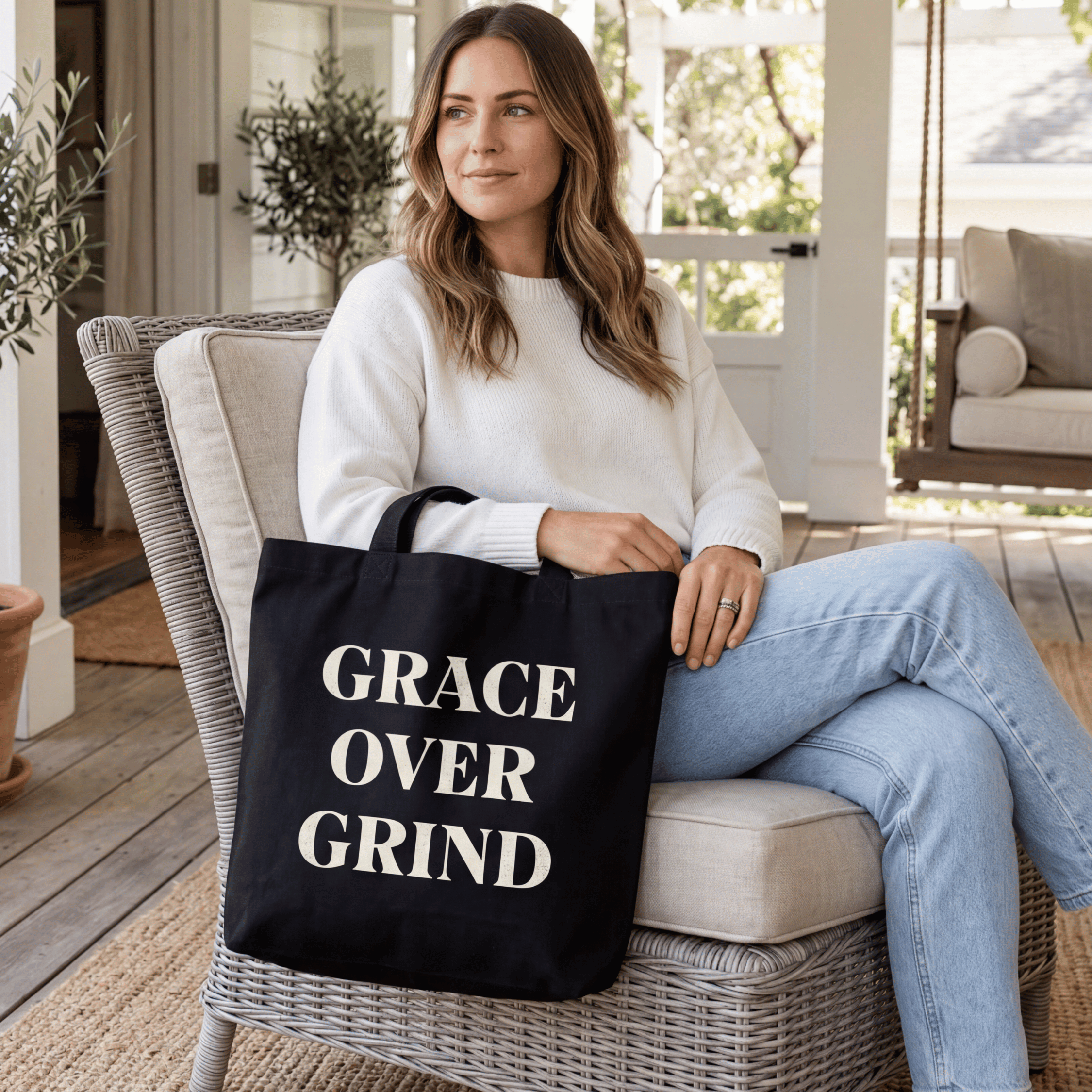 Grace Over Grind Tote Bag in Black — for the mom who stopped pushing through everything — ThrivingMoms