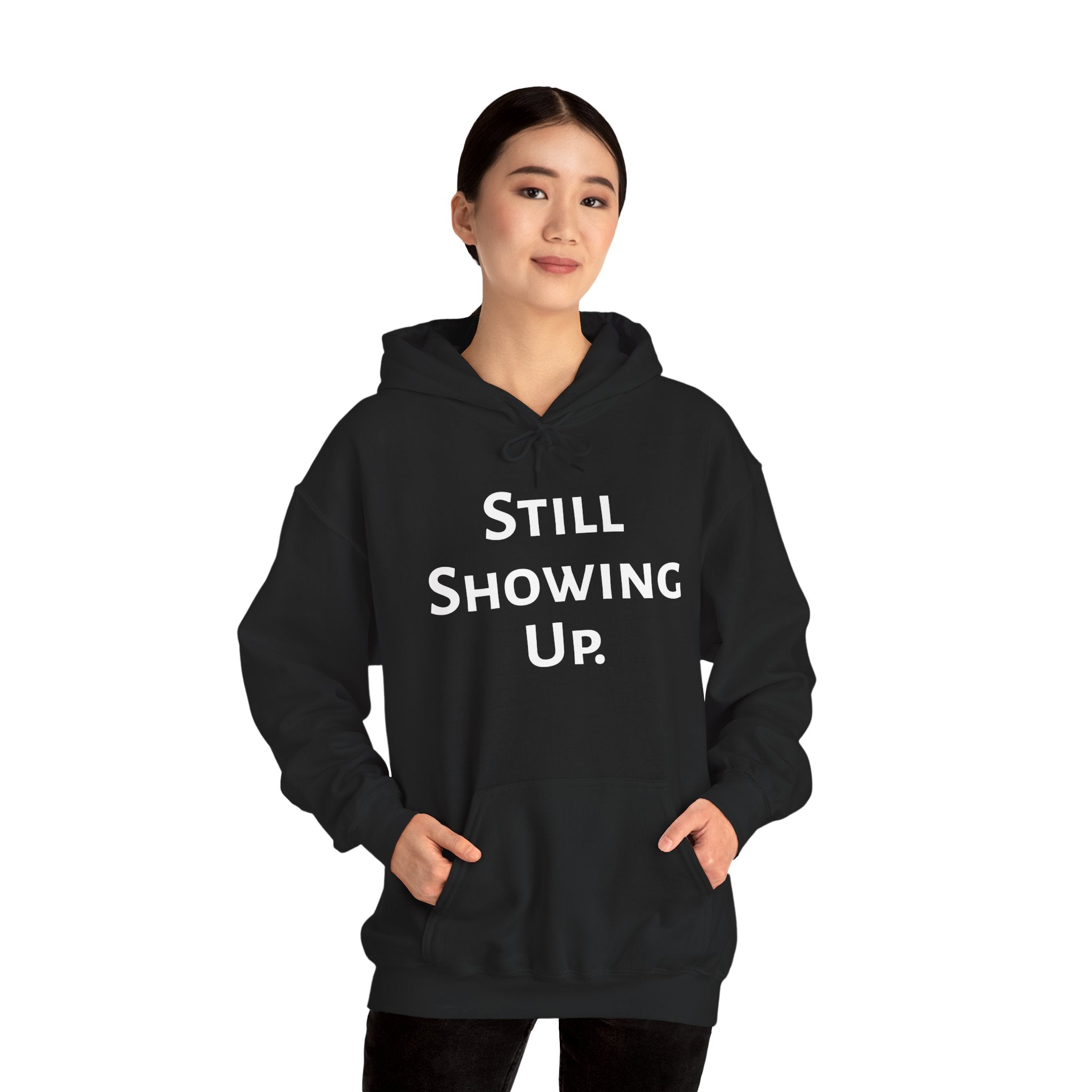 Still Showing Up hoodie in dark heather gray — ThrivingMoms mom gift hoodie