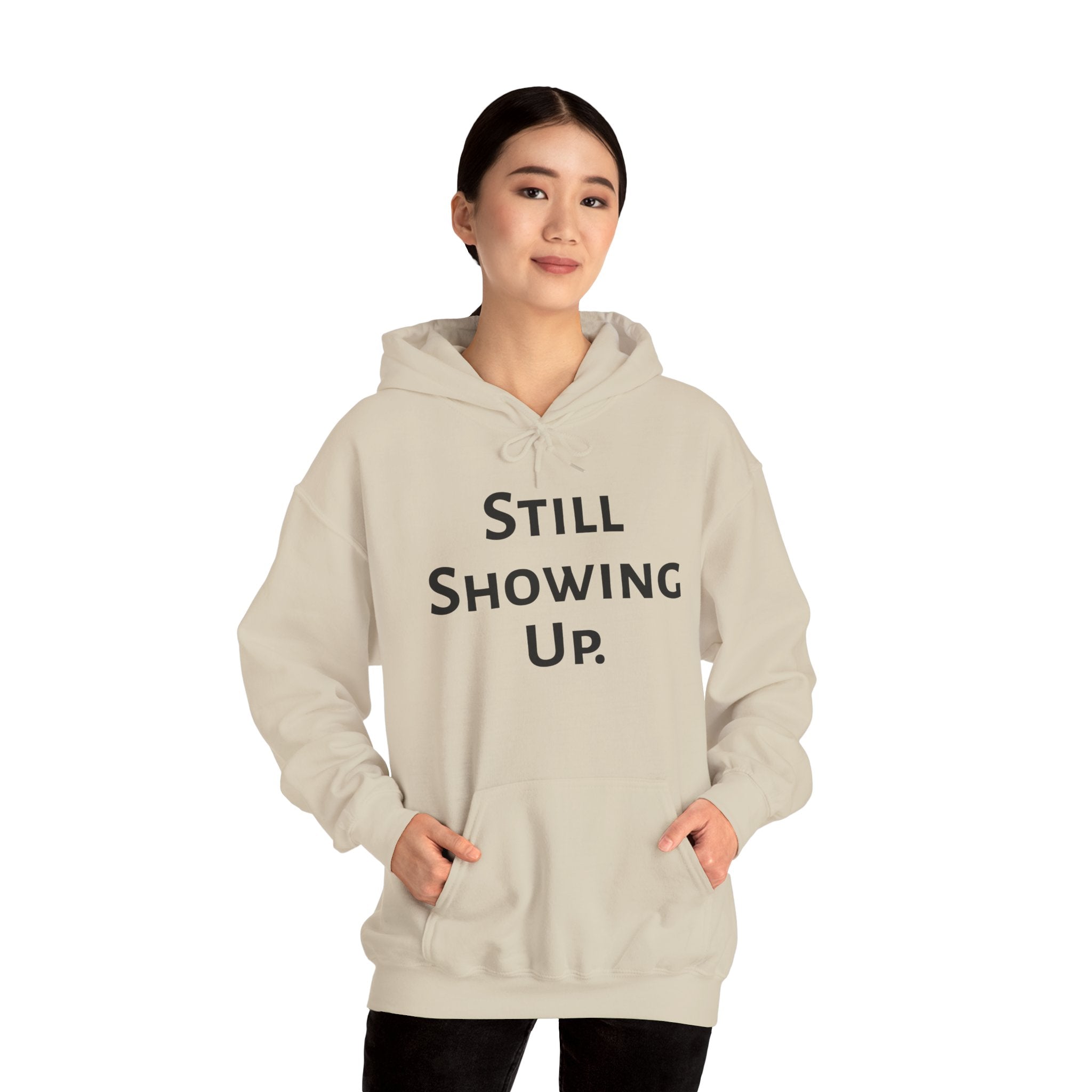 Still Showing Up hoodie in sand — ThrivingMoms cozy mom hoodie