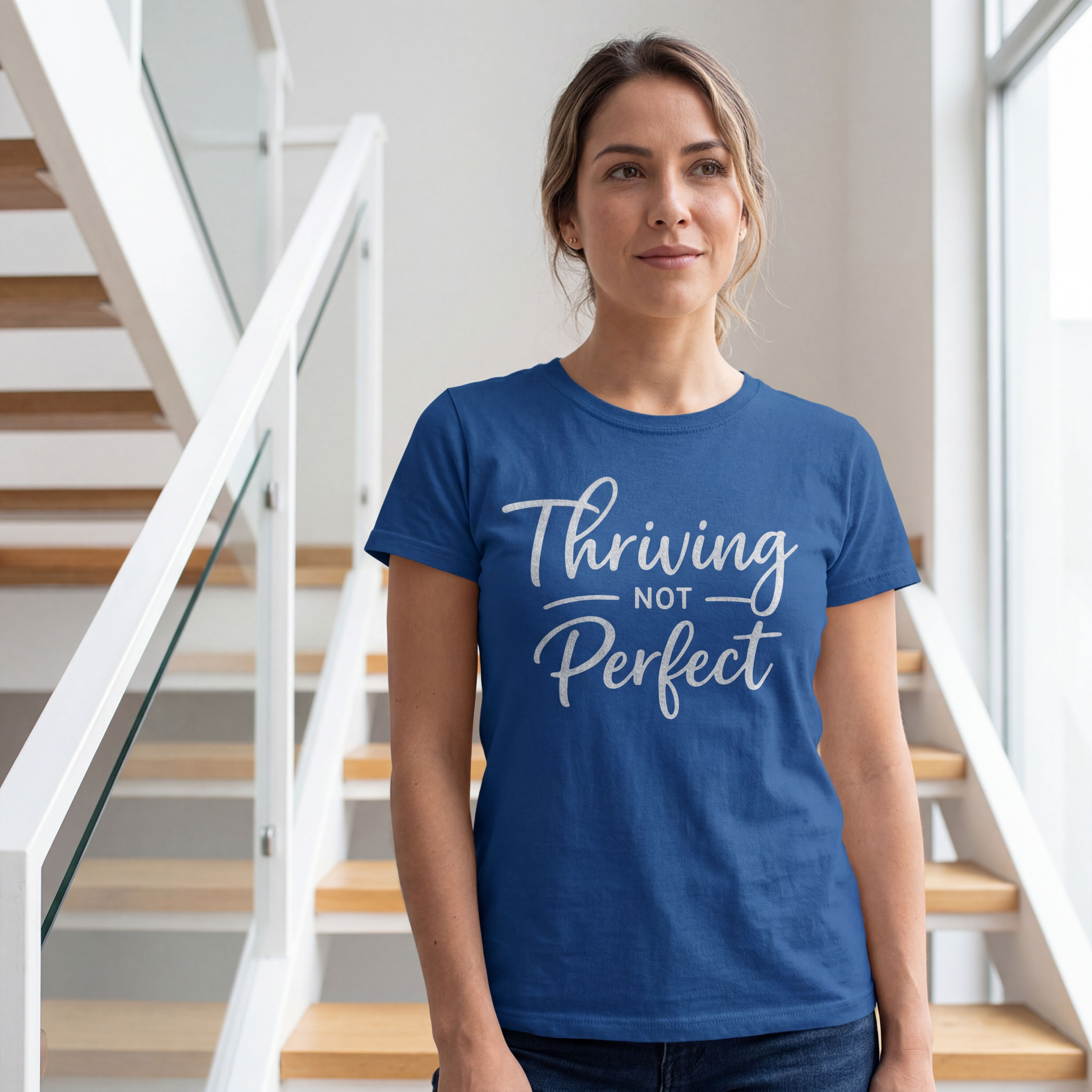 Thriving Not Perfect T-Shirt in Royal Blue — cursive design, relaxed fit — ThrivingMoms