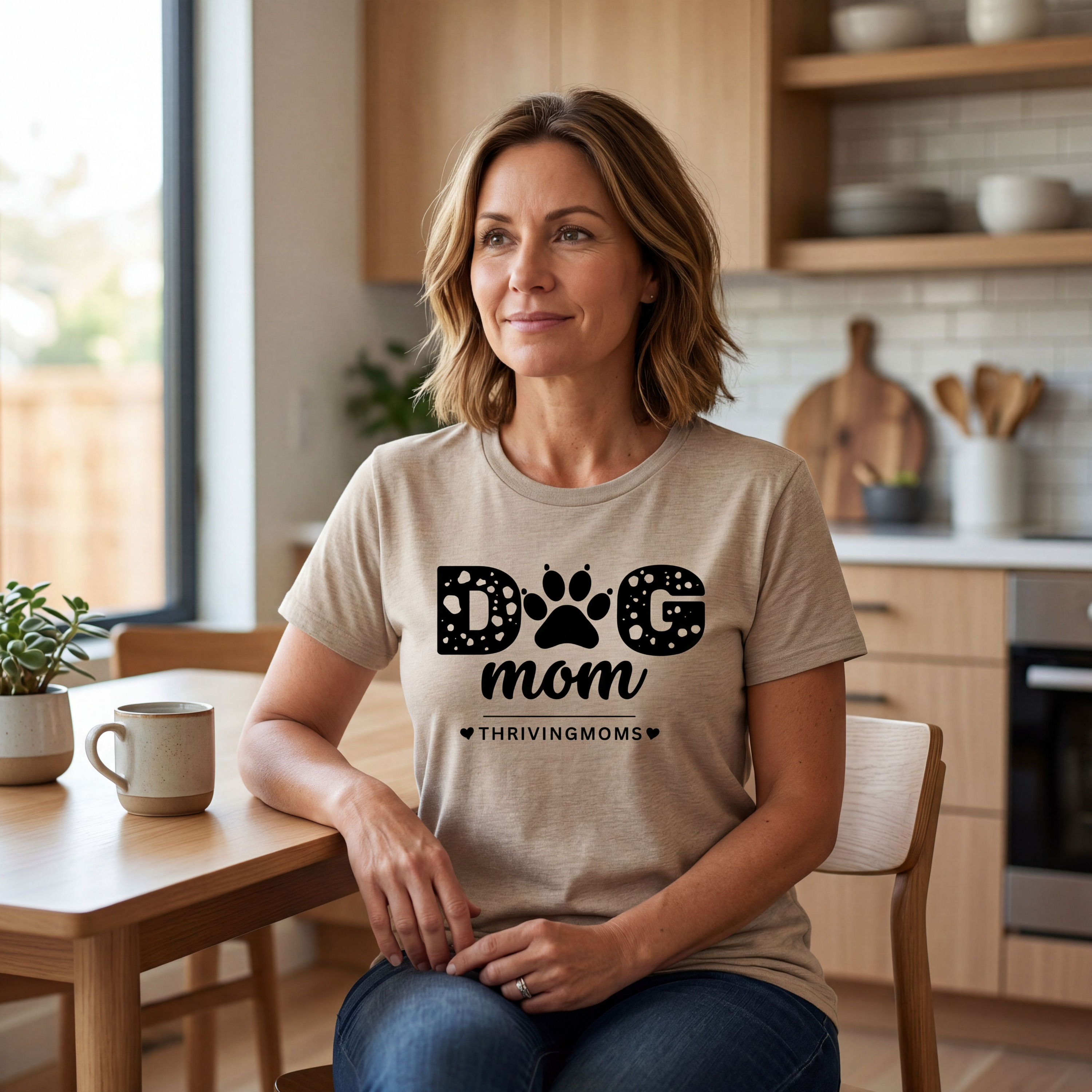Dog Mom T-Shirt in Sand — soft, casual, worn with zero apologies — ThrivingMoms