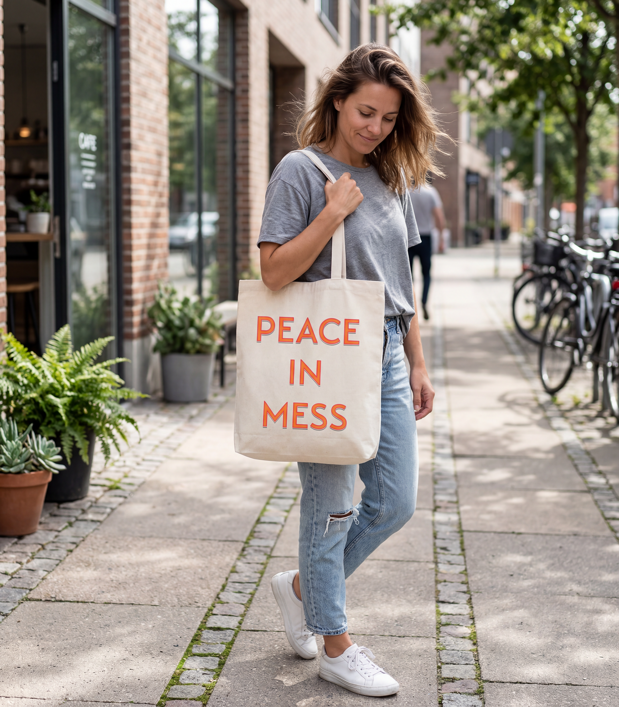 Peace in Mess Tote Bag in White — bold print, double-stitched handles — ThrivingMoms