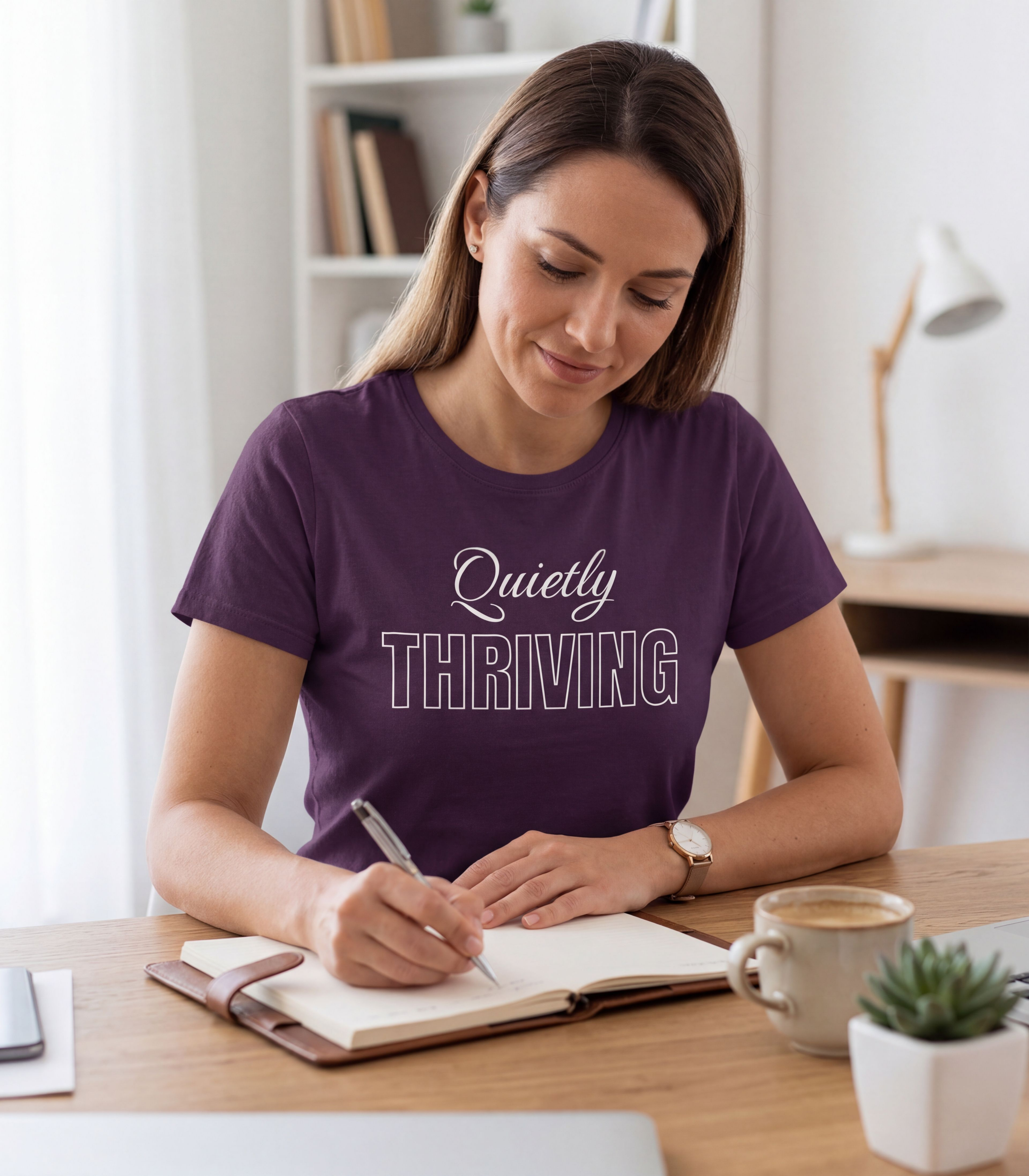 Quietly Thriving T-Shirt in Purple — ThrivingMoms unisex mom graphic tee, front view