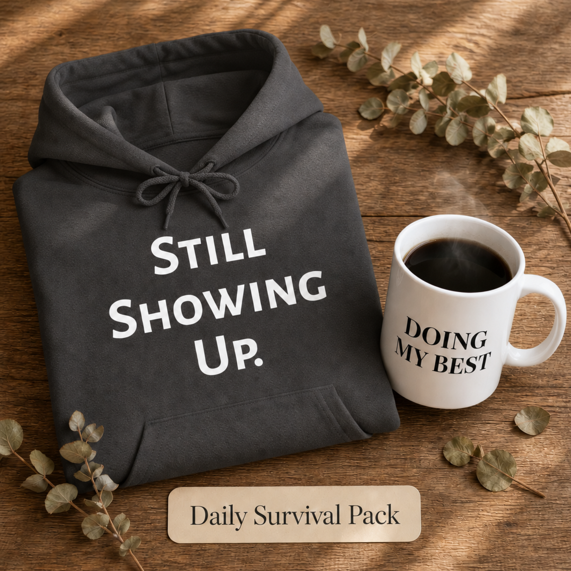 Daily Survival Pack bundle — ThrivingMoms Mother's Day gift set hoodie and mug for tired moms