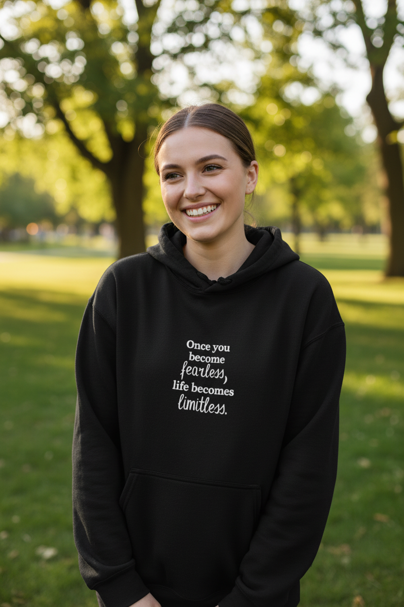 Once You Become Fearless Life Becomes Limitless Hoodie in Black — cozy enough for the hard days — ThrivingMoms