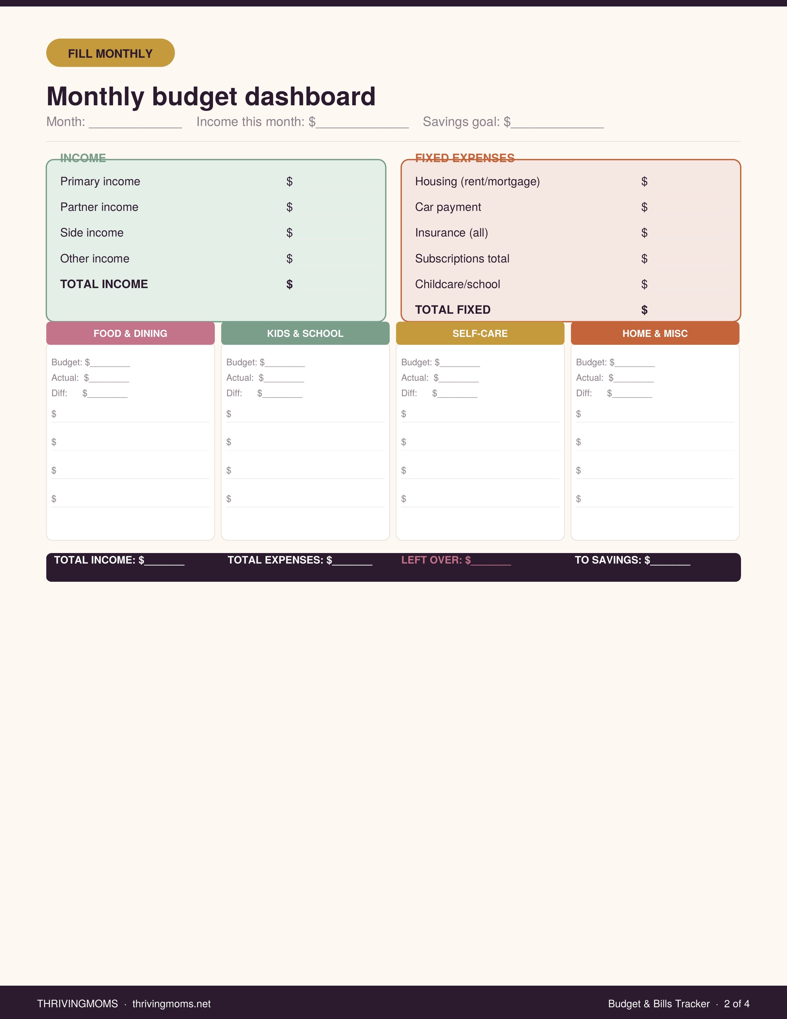Budget and Bills Tracker for Moms — Digital Download