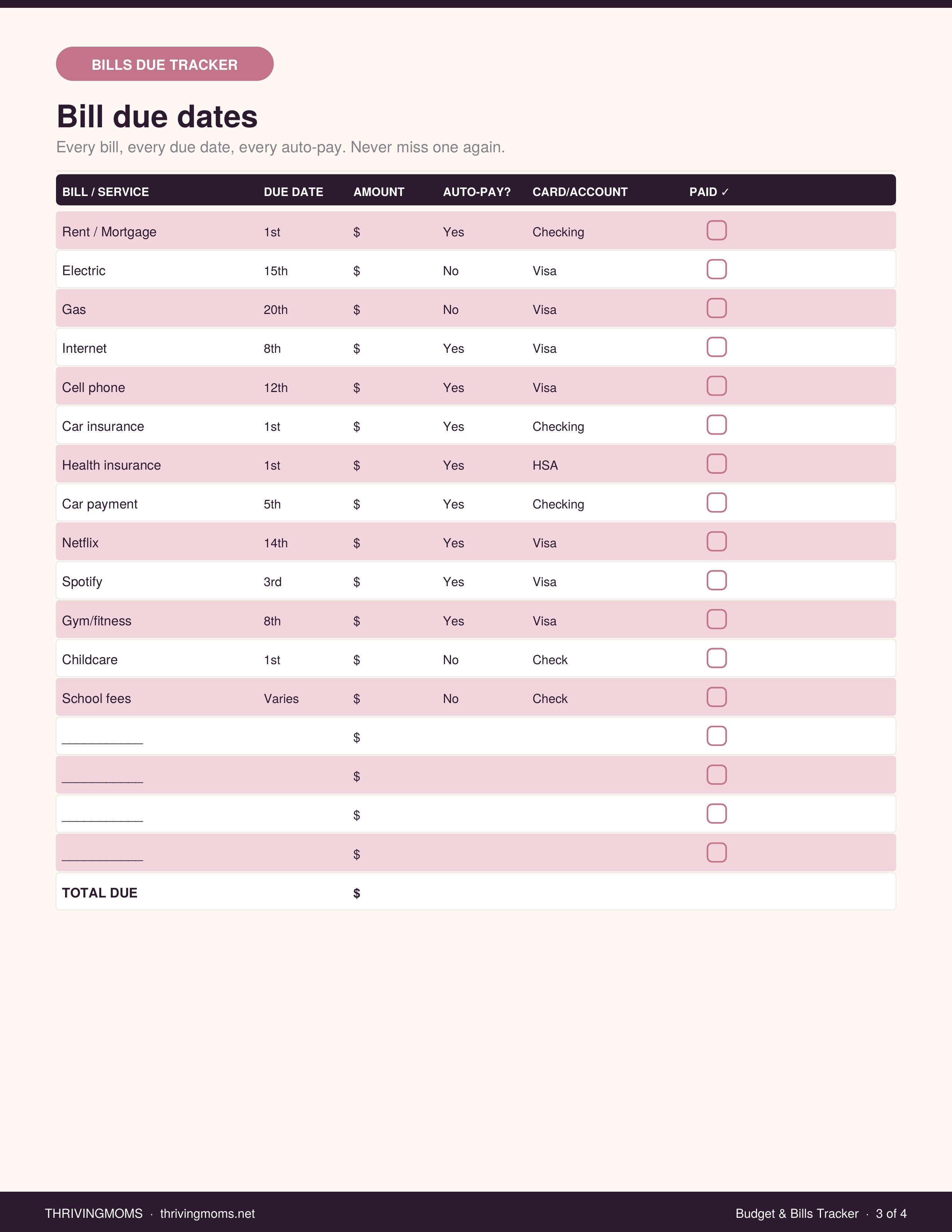 Budget and Bills Tracker for Moms — Digital Download