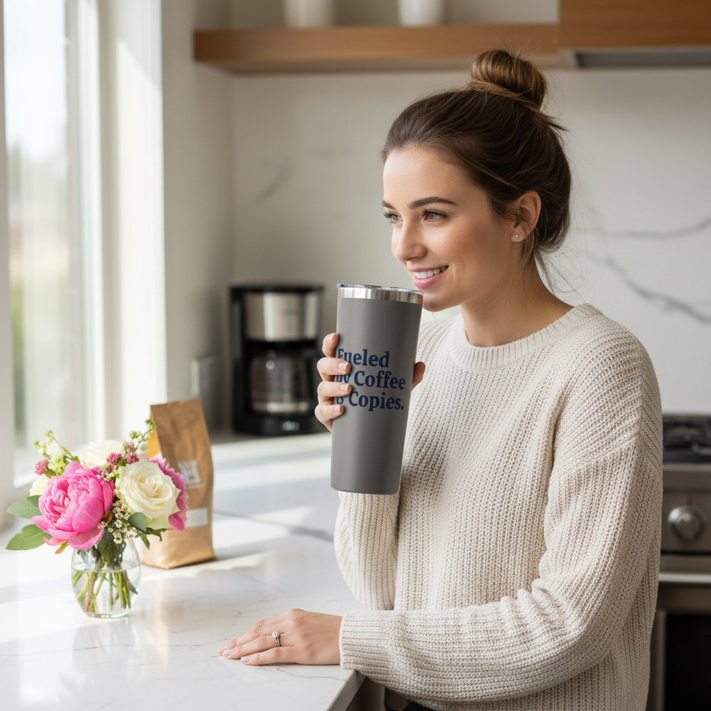 Fueled by Coffee & Copies — Gray Tumbler Lifestyle Mockup